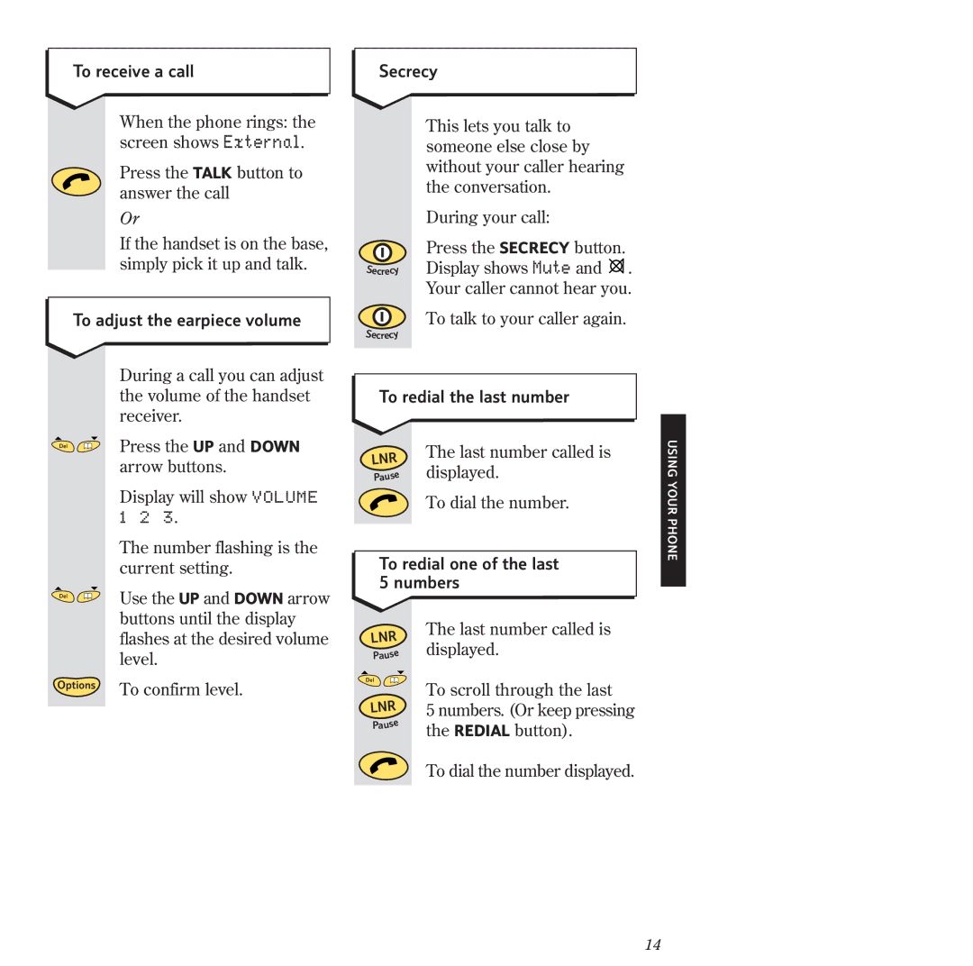 BT 2120 To receive a call, To adjust the earpiece volume, To redial the last number, To redial one of the last 5 numbers 