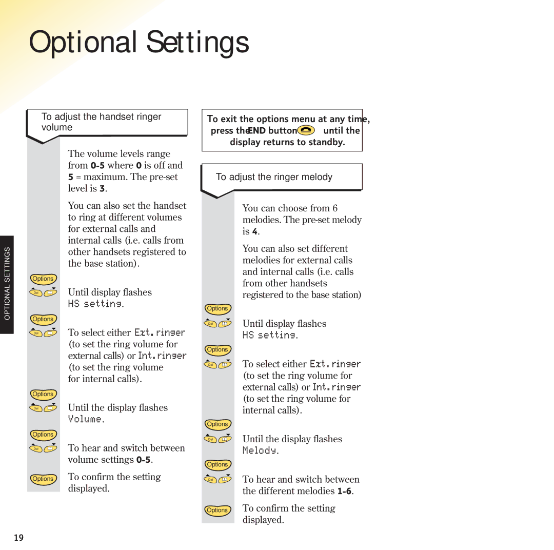 BT 2120 manual Optional Settings, HS setting, Volume, Melody 