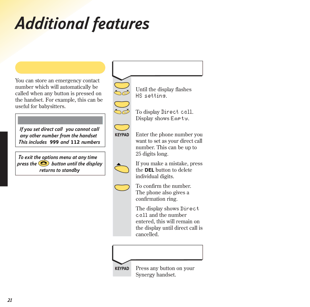 BT 2120 manual Additional features, Direct call, To set a direct call number, To dial a direct call number 