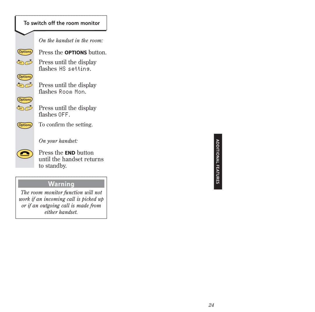 BT 2120 manual Press the Options button, Press until the display, Flashes Room Mon, Flashes OFF 