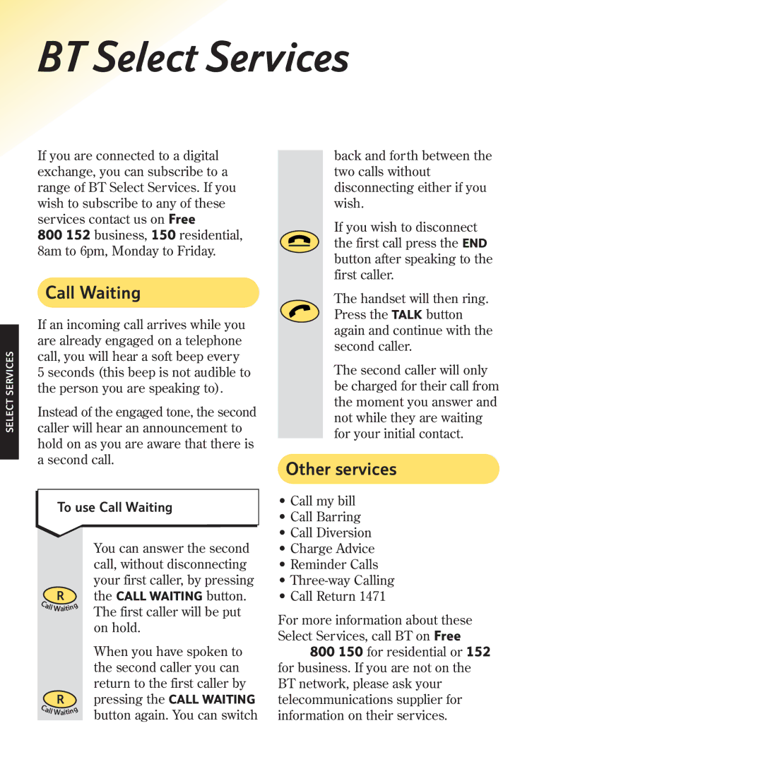 BT 2120 manual BT Select Services, Other services, To use Call Waiting 