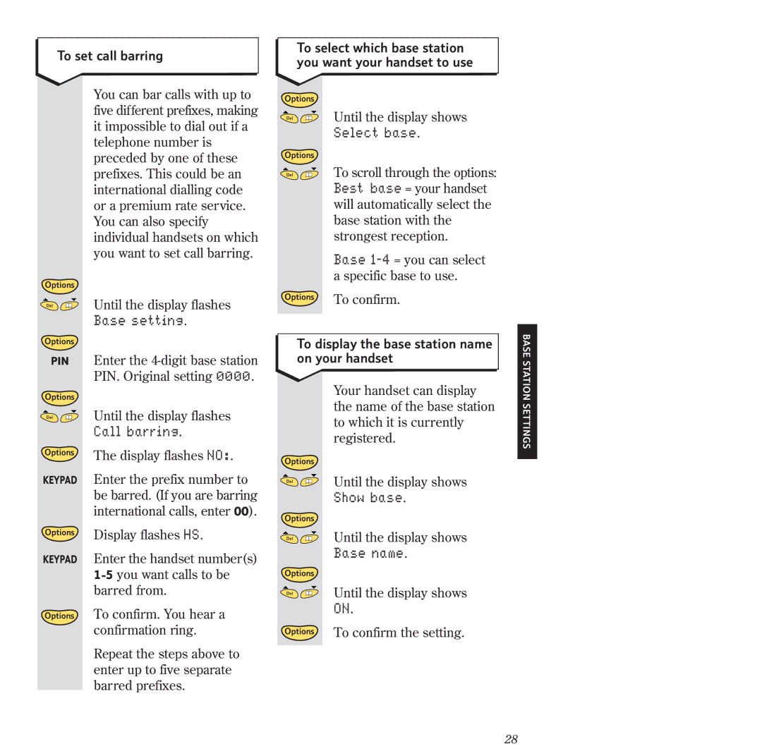 BT 2120 manual Select base, Call barring, Show base, Base name 
