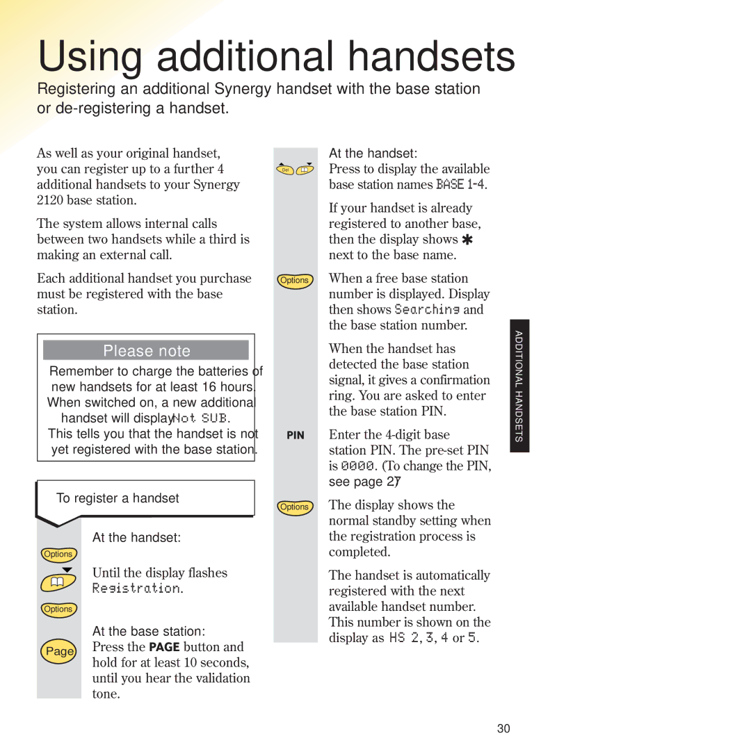 BT 2120 manual Using additional handsets, Registration, To register a handset 