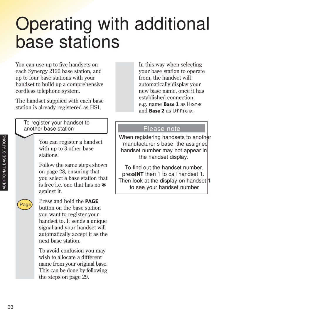 BT 2120 manual Operating with additional base stations, To register your handset to Another base station 