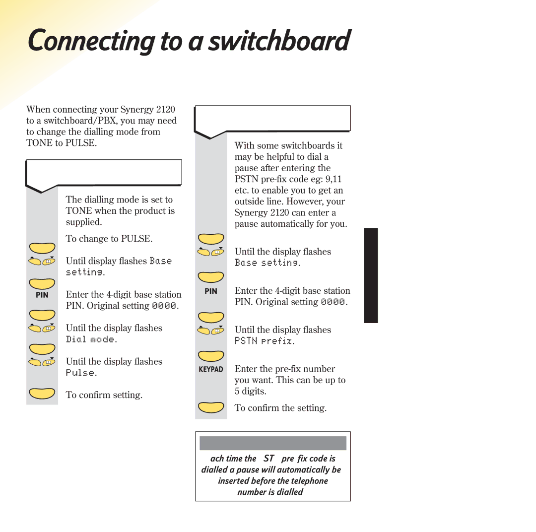 BT 2120 manual Setting, To enter a Pstn pre-fix code, To change the dialling mode 