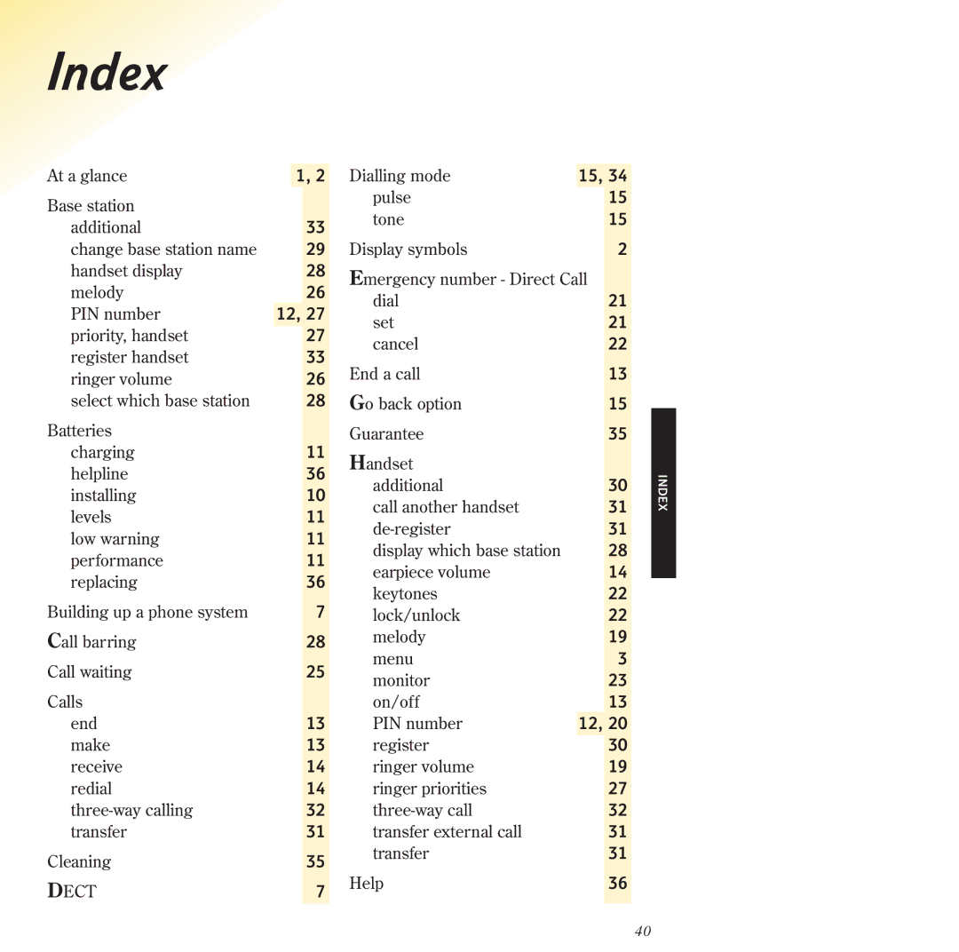 BT 2120 manual Index, Dect 