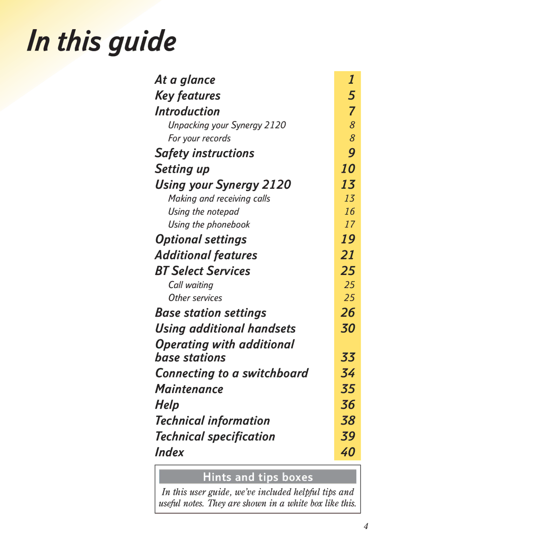 BT 2120 manual This guide, Hints and tips boxes 