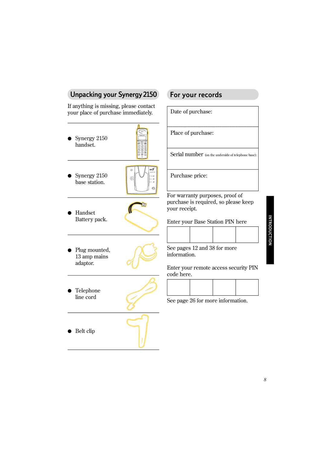 BT manual Unpacking your Synergy2150, For your records 