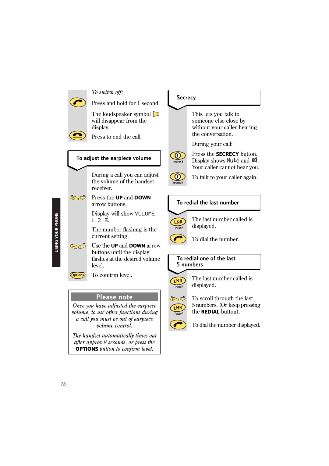 BT 2150 manual To adjust the earpiece volume, Secrecy, To redial the last number, To redial one of the last 5 numbers 