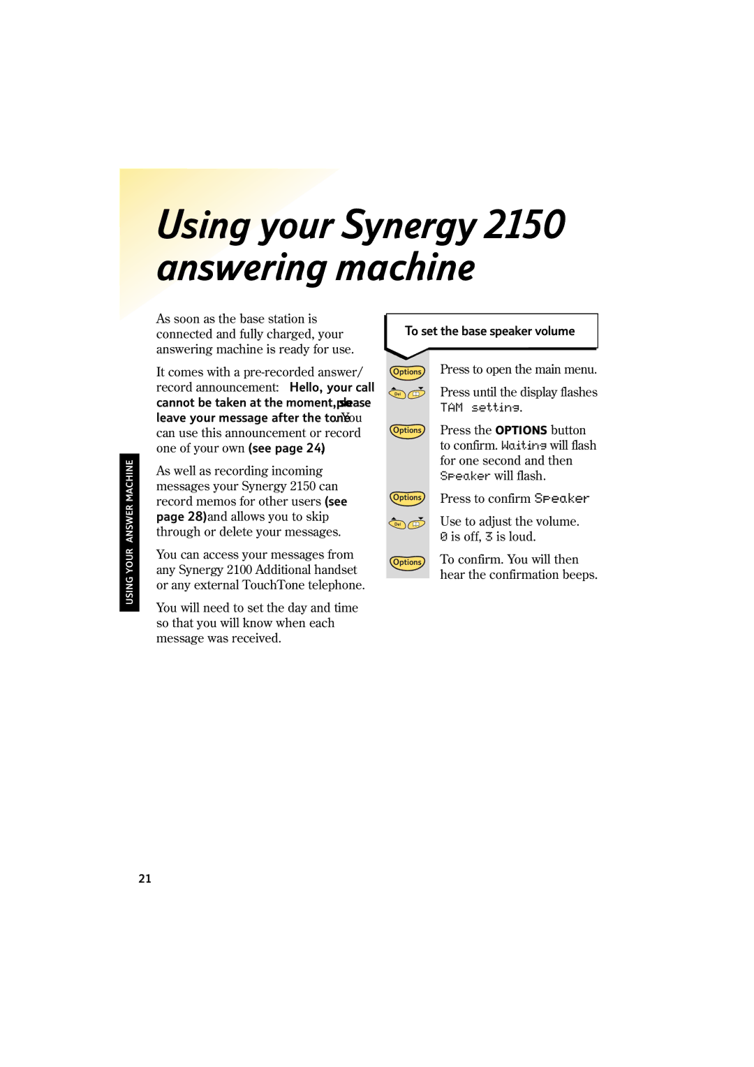 BT manual Using your Synergy 2150 answering machine, To set the base speaker volume 