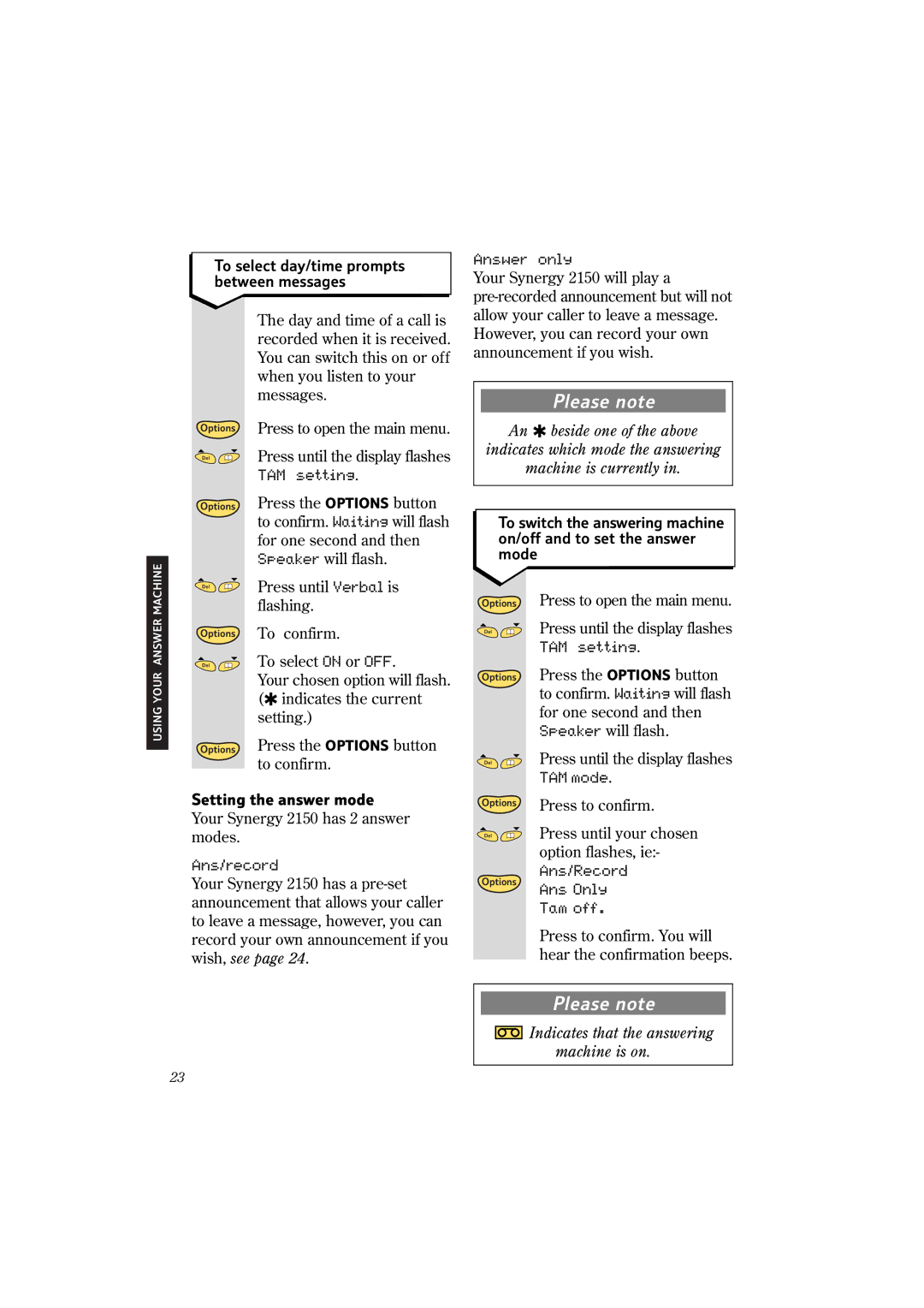 BT 2150 manual Setting the answer mode 