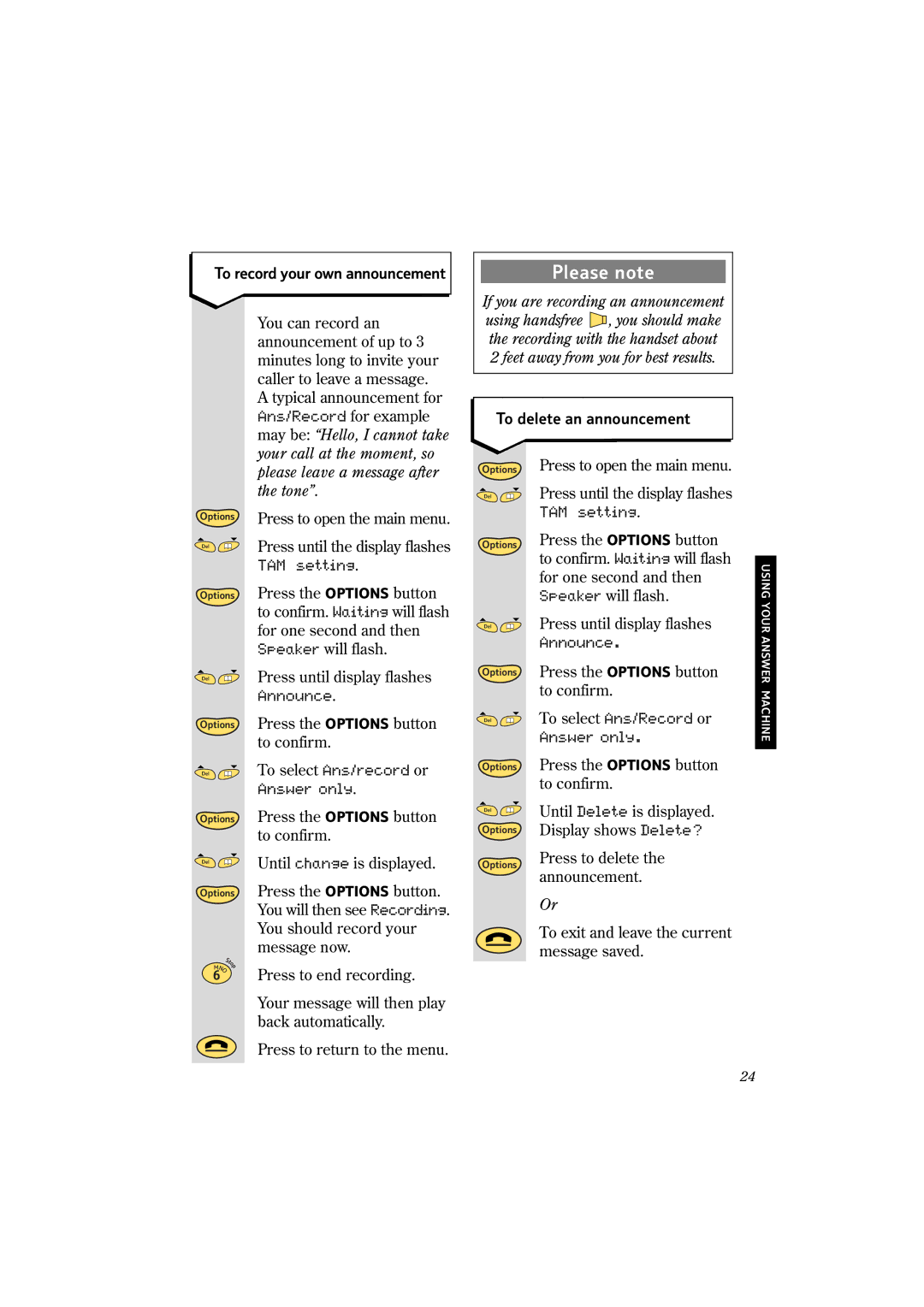 BT 2150 manual To record your own announcement, To delete an announcement 