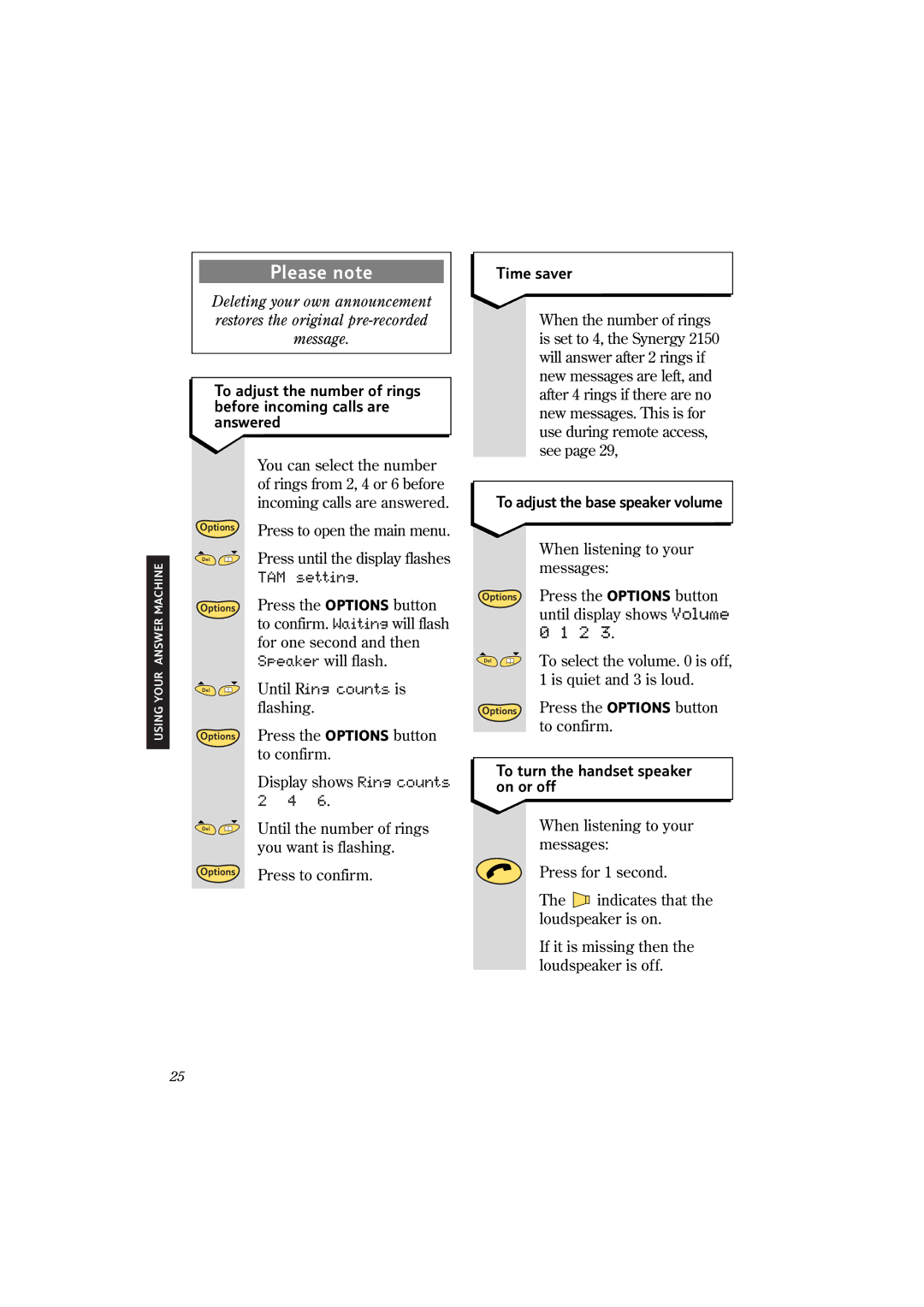 BT 2150 manual To adjust the base speaker volume, To turn the handset speaker on or off 