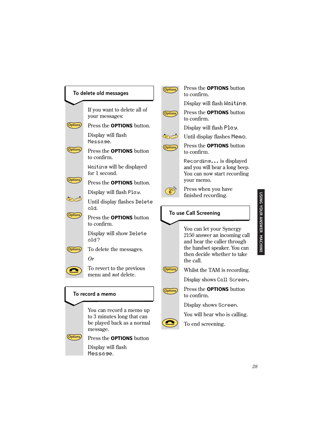 BT 2150 manual Message, To delete old messages, To record a memo, To use Call Screening 