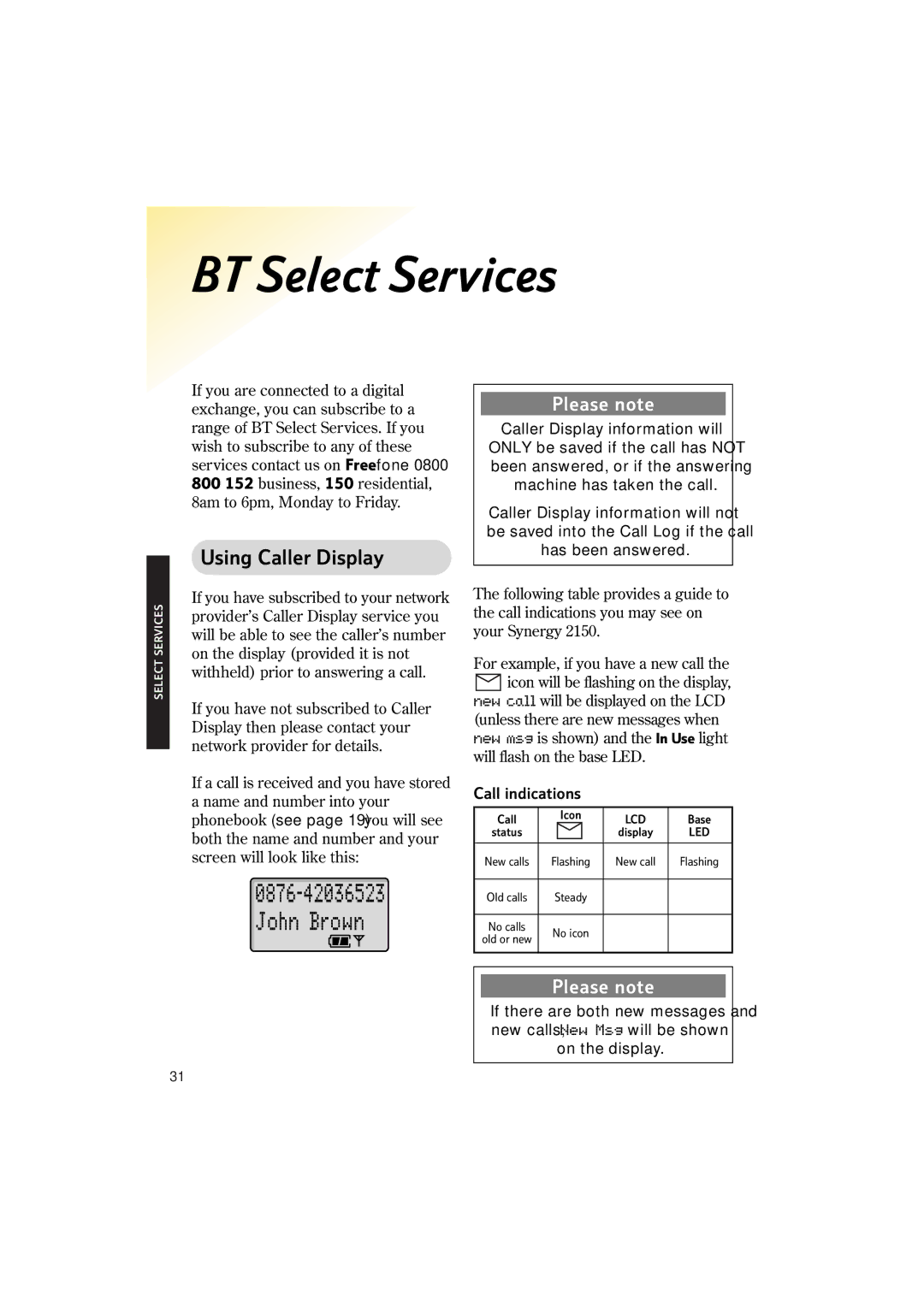 BT 2150 manual BT Select Services, Using Caller Display, Call indications 