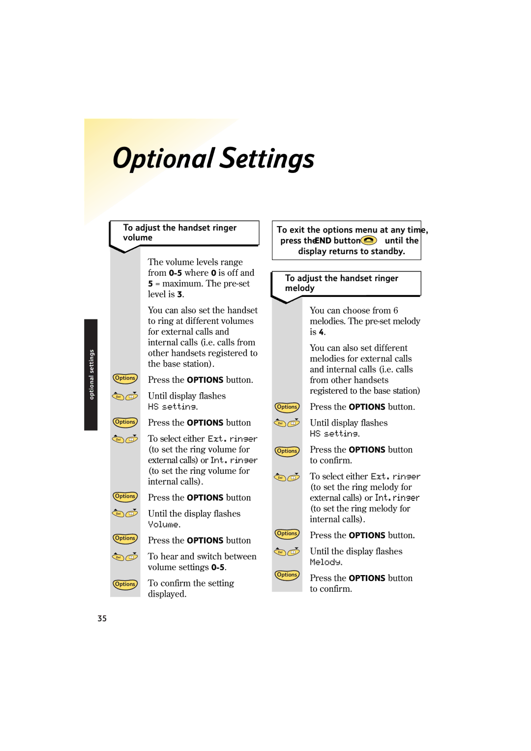 BT 2150 manual Optional Settings, To adjust the handset ringer volume, To adjust the handset ringer melody 