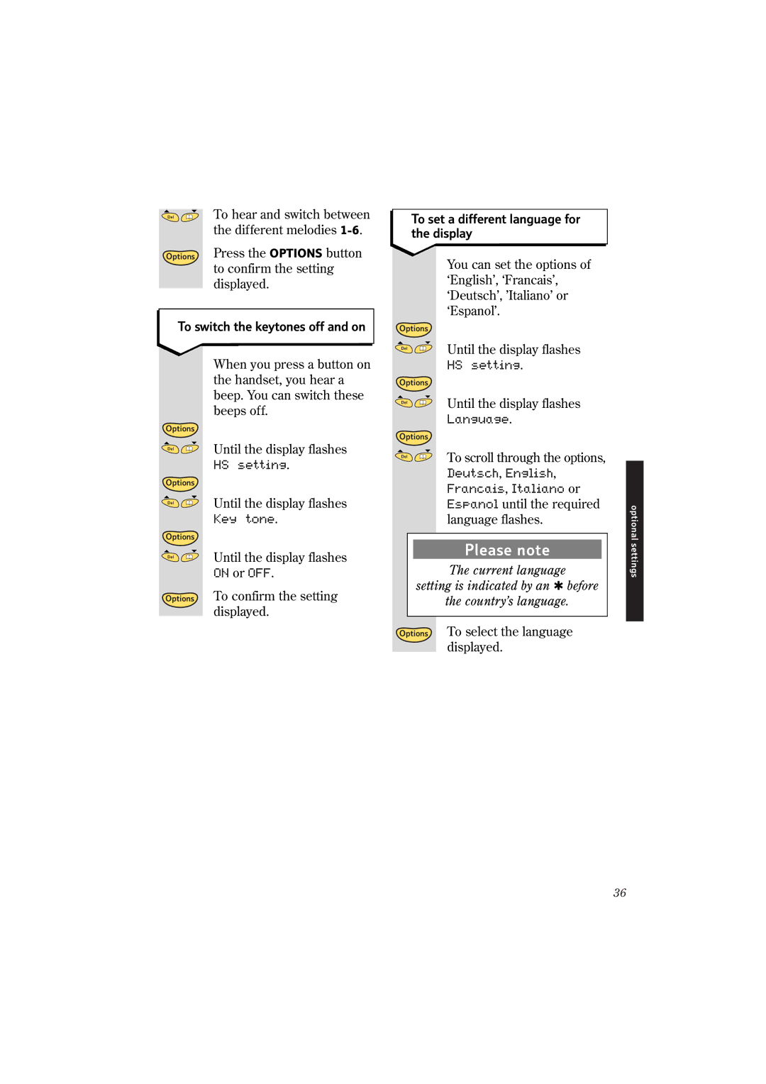 BT 2150 manual To set a different language for the display, To switch the keytones off and on 