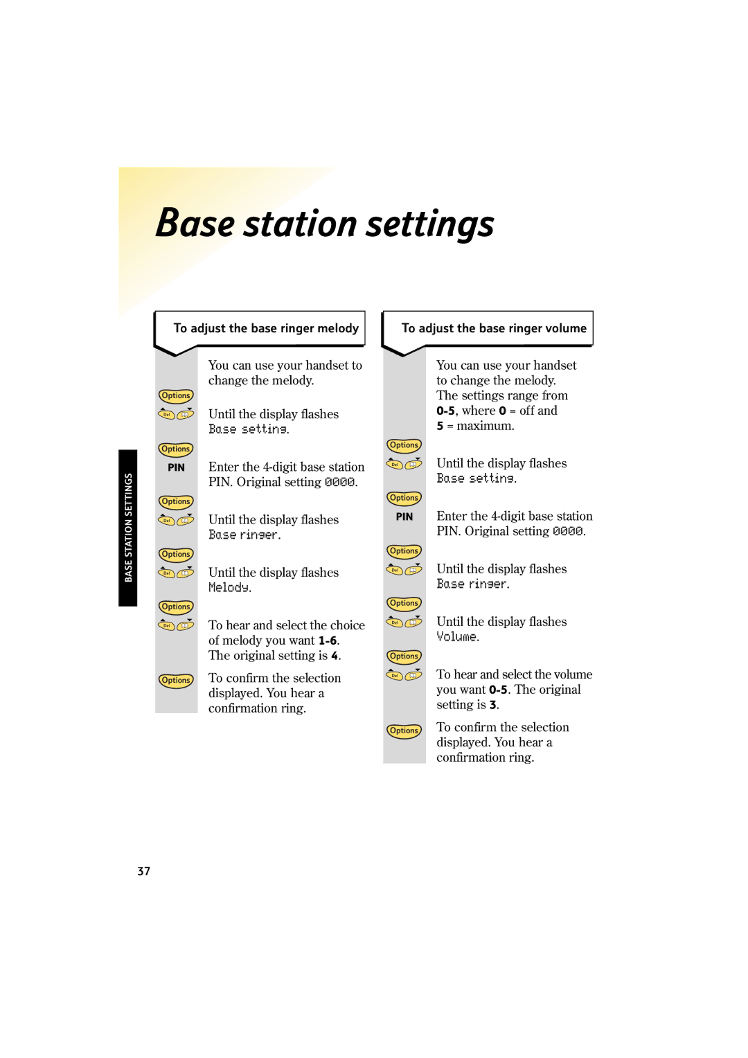 BT 2150 manual Base station settings, Base ringer, Melody 