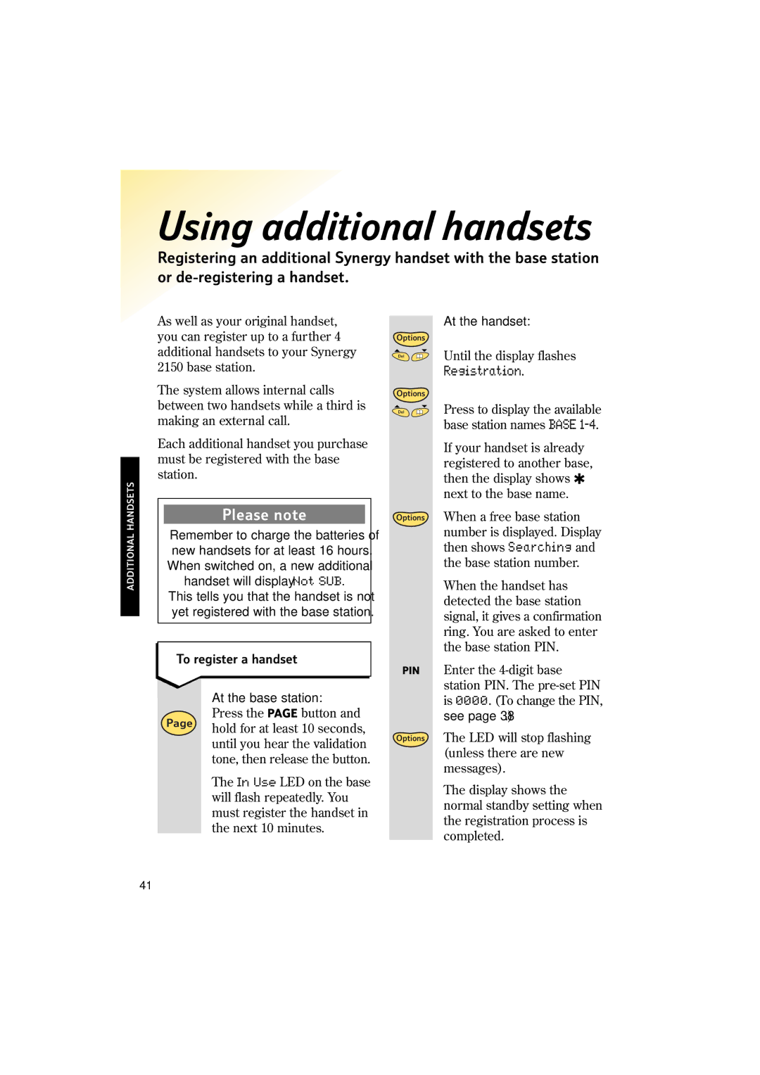 BT 2150 manual Using additional handsets, Registration, To register a handset 