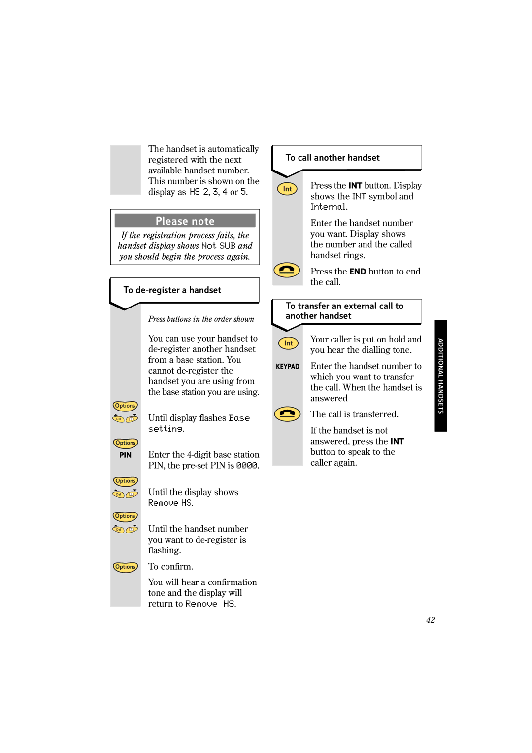 BT 2150 manual Internal, Remove HS, To de-register a handset, To call another handset 