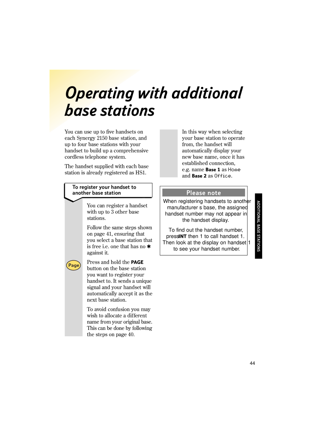 BT 2150 manual Operating with additional base stations, To register your handset to Another base station 