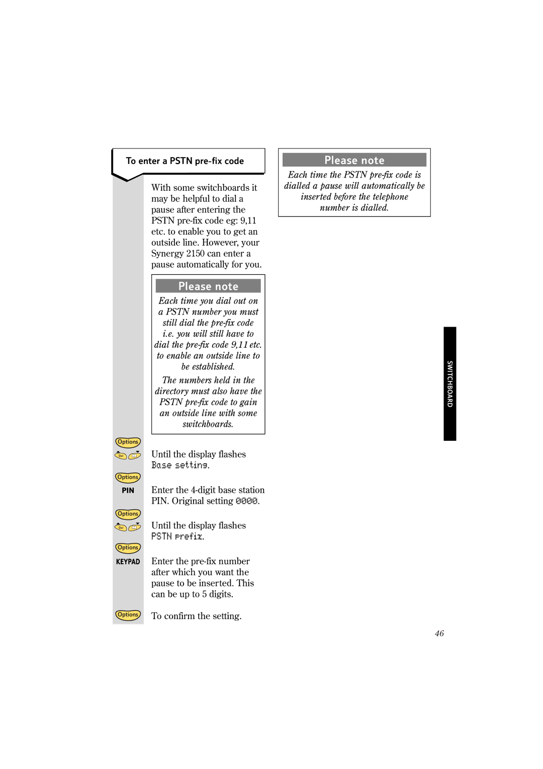 BT 2150 manual Pstn prefix, To enter a Pstn pre-fix code 