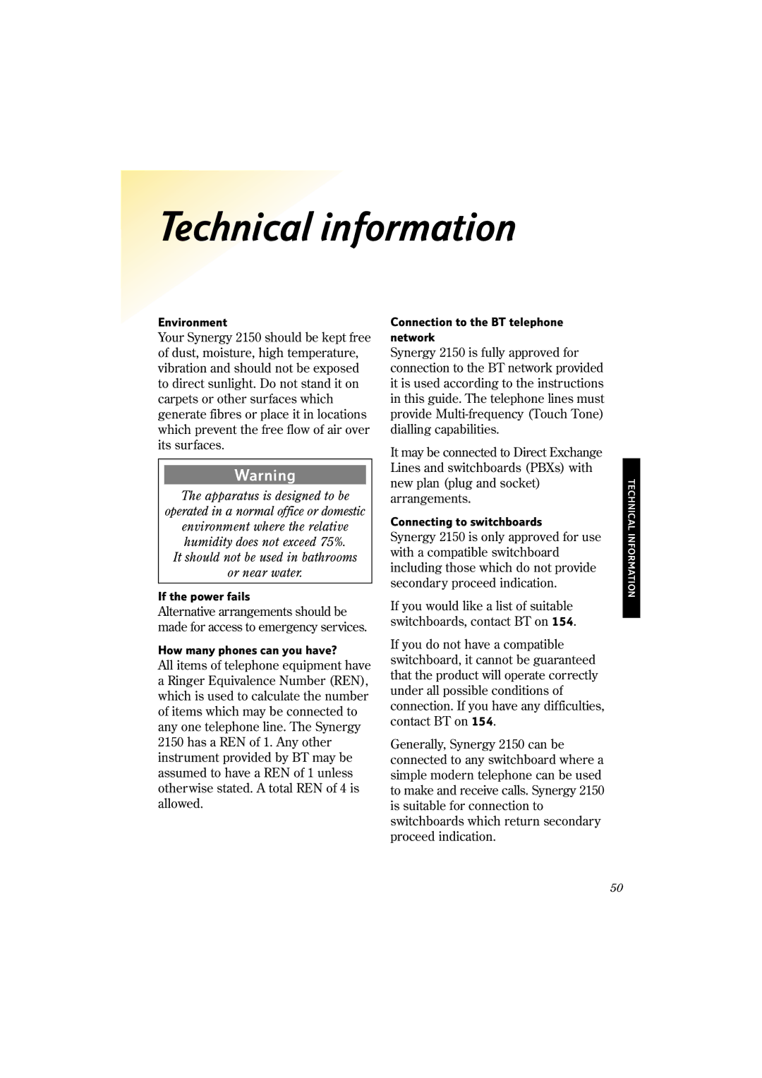 BT 2150 manual Technical information 