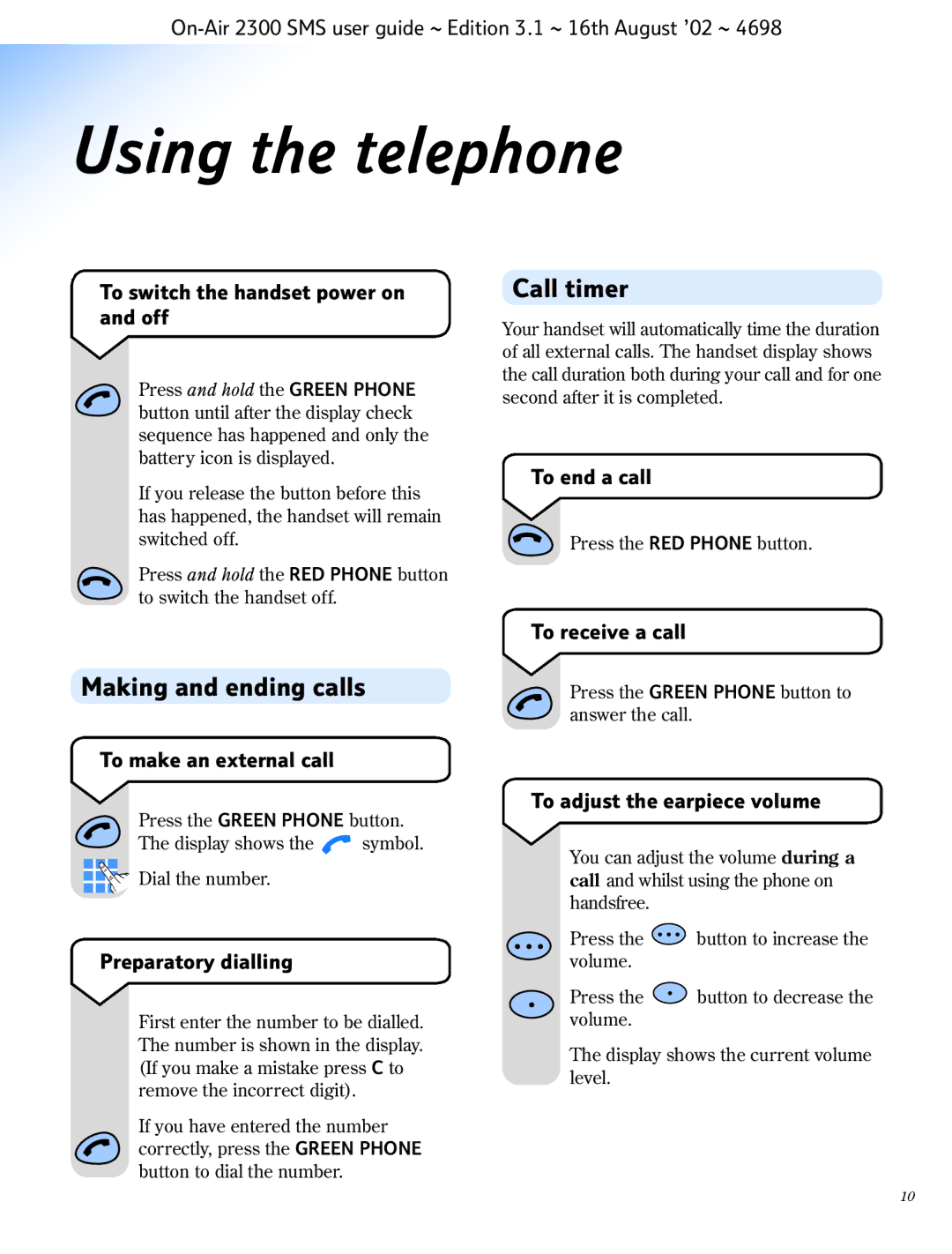 BT 2300 SMS manual Using the telephone, Call timer, Making and ending calls 