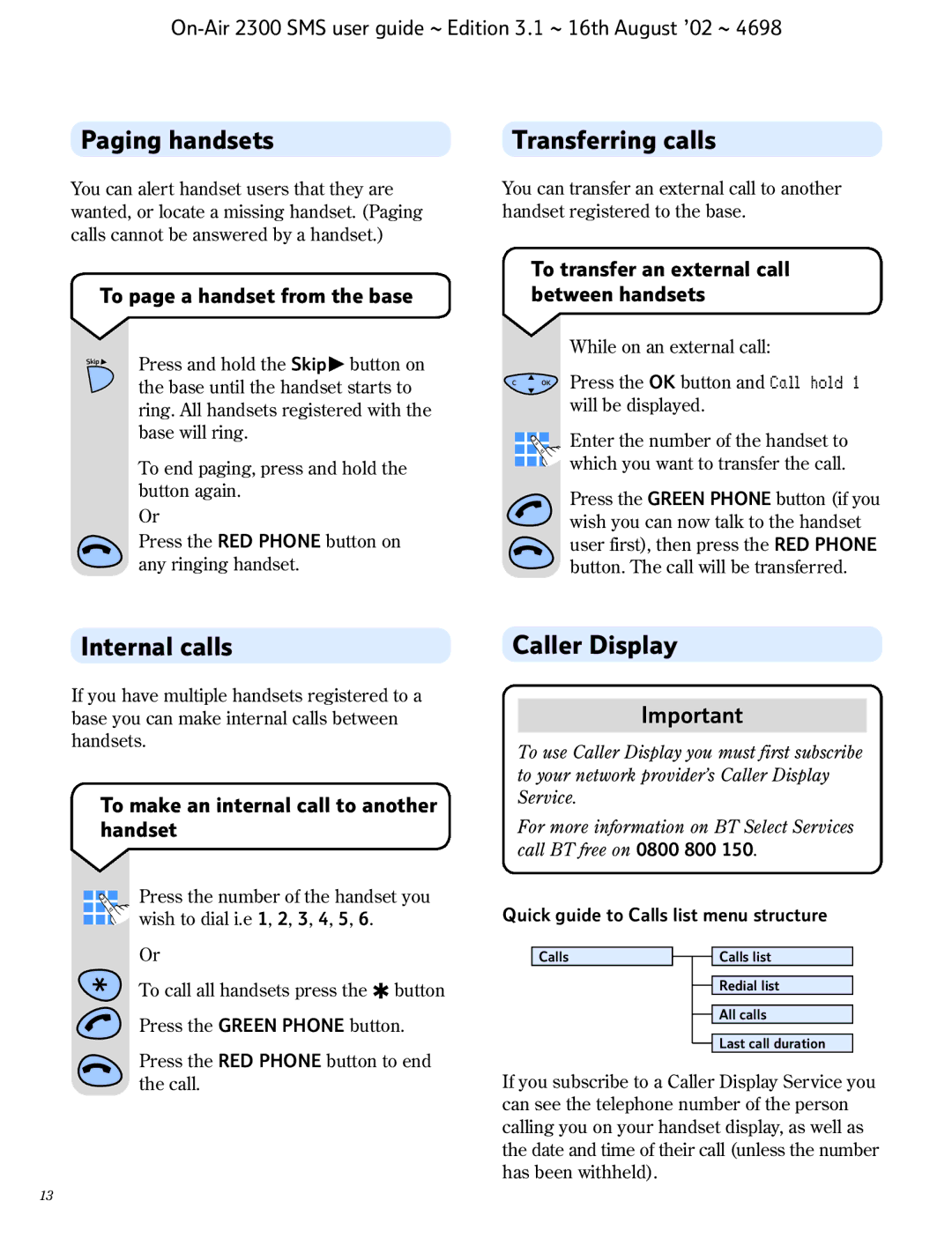 BT 2300 SMS manual Paging handsets, Internal calls, Caller Display 