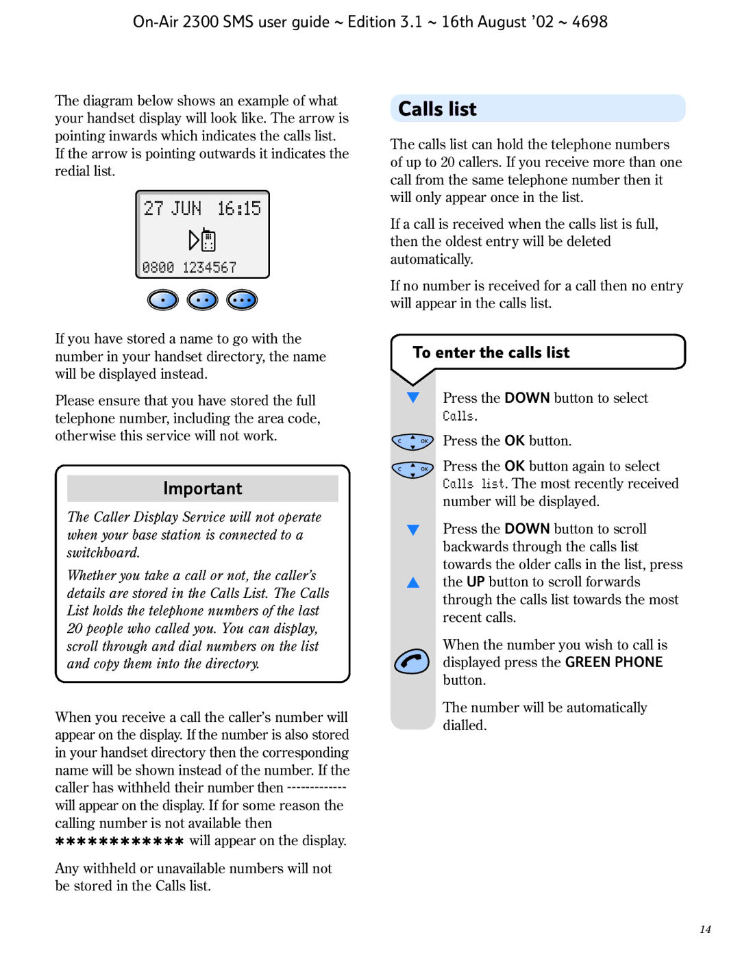 BT 2300 SMS manual Calls list, To enter the calls list 