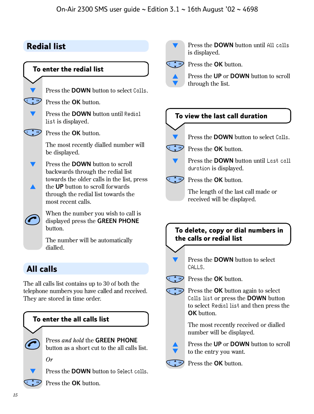 BT 2300 SMS manual Redial list, All calls 