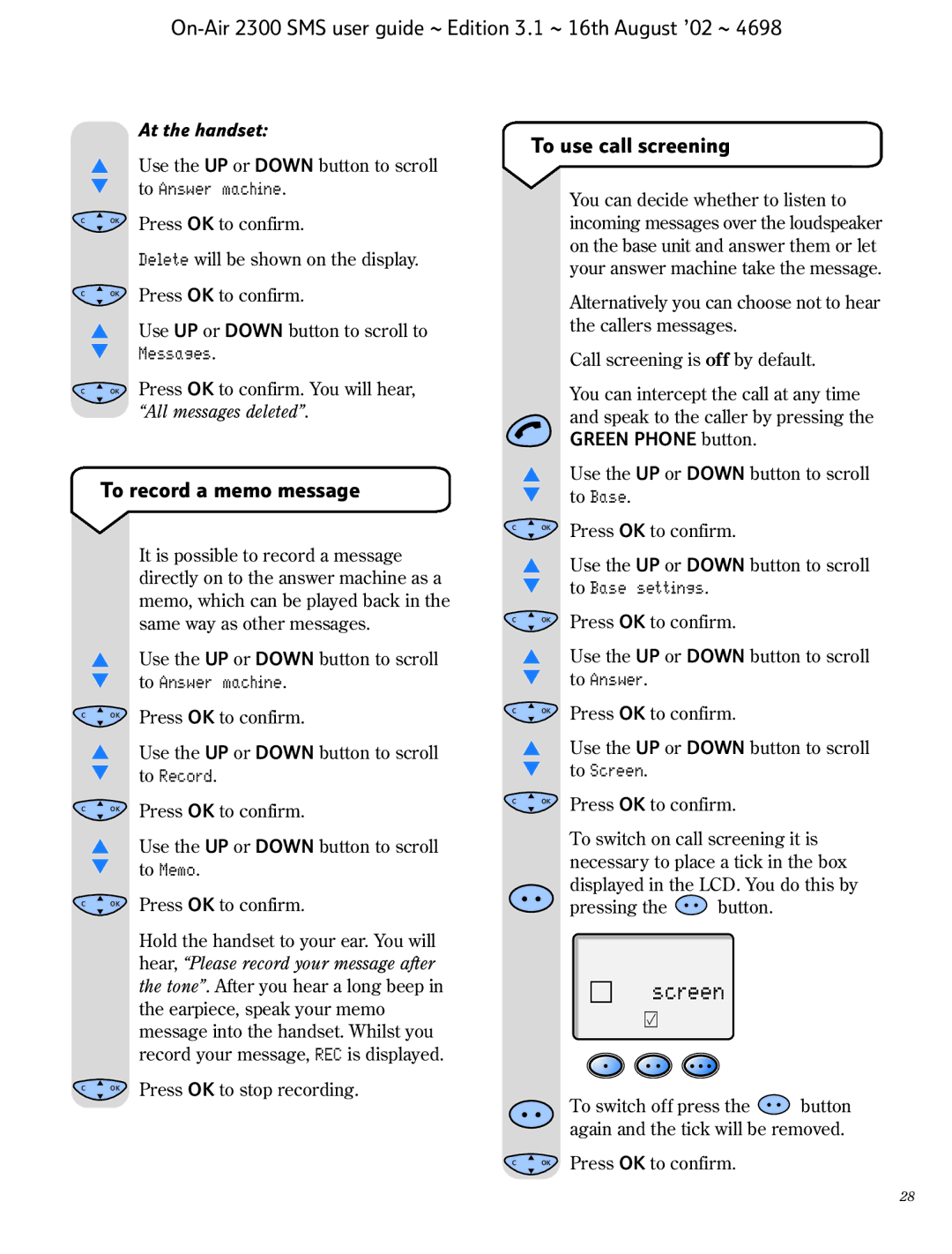 BT 2300 SMS manual To use call screening, To record a memo message 