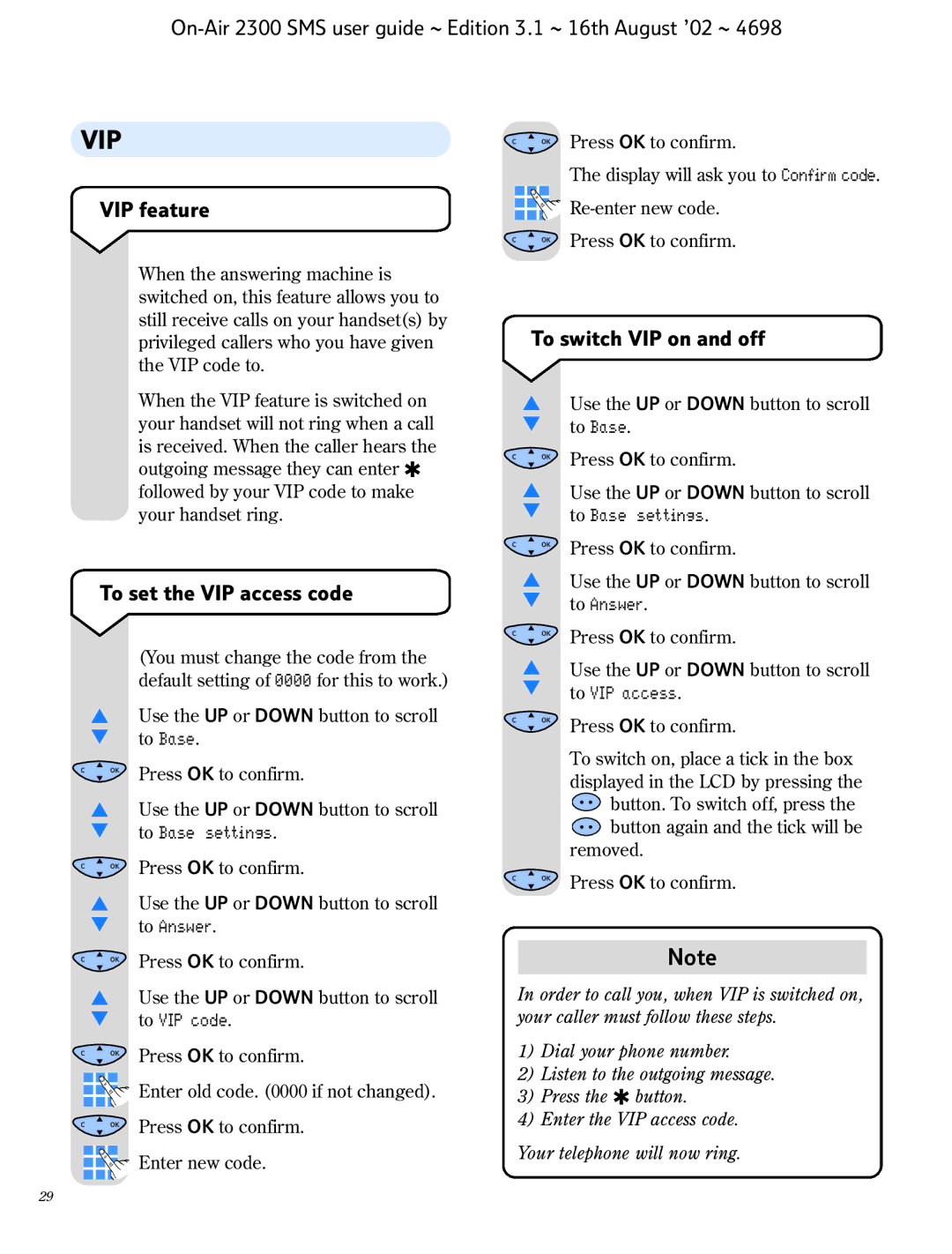 BT 2300 SMS manual VIP feature, To switch VIP on and off, To set the VIP access code 