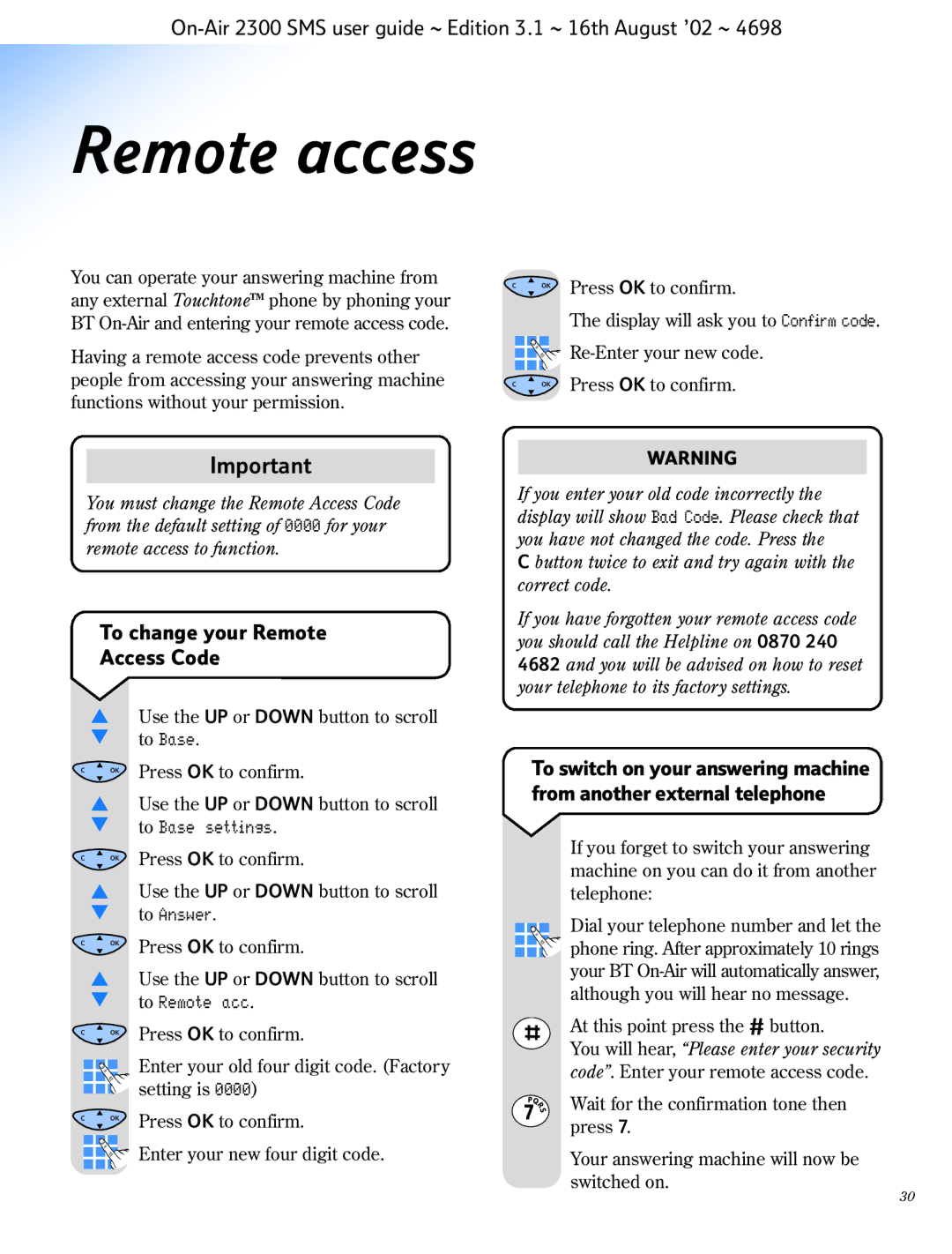 BT 2300 SMS manual Remote access, To change your Remote Access Code 