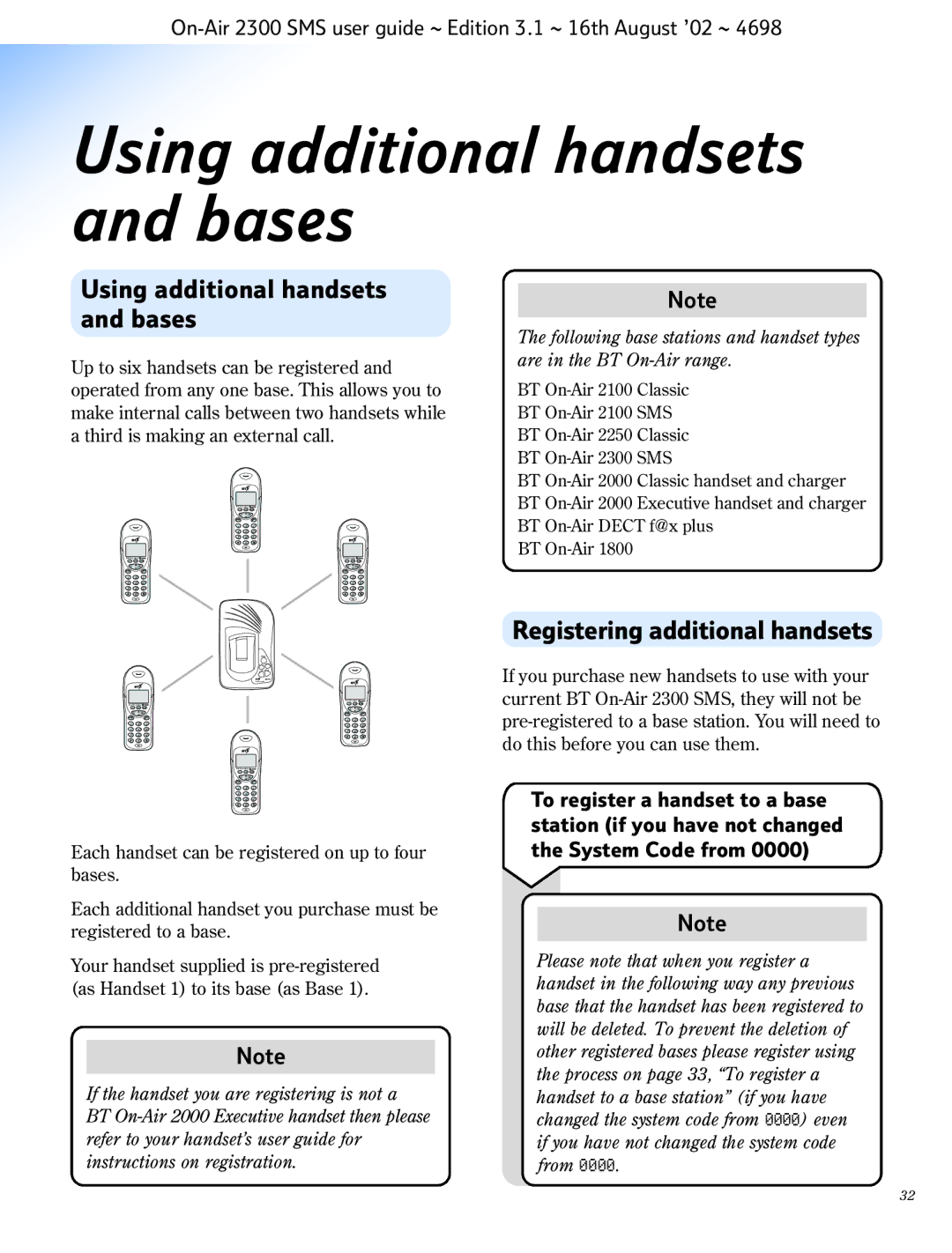 BT 2300 SMS manual Using additional handsets and bases, Registering additional handsets 