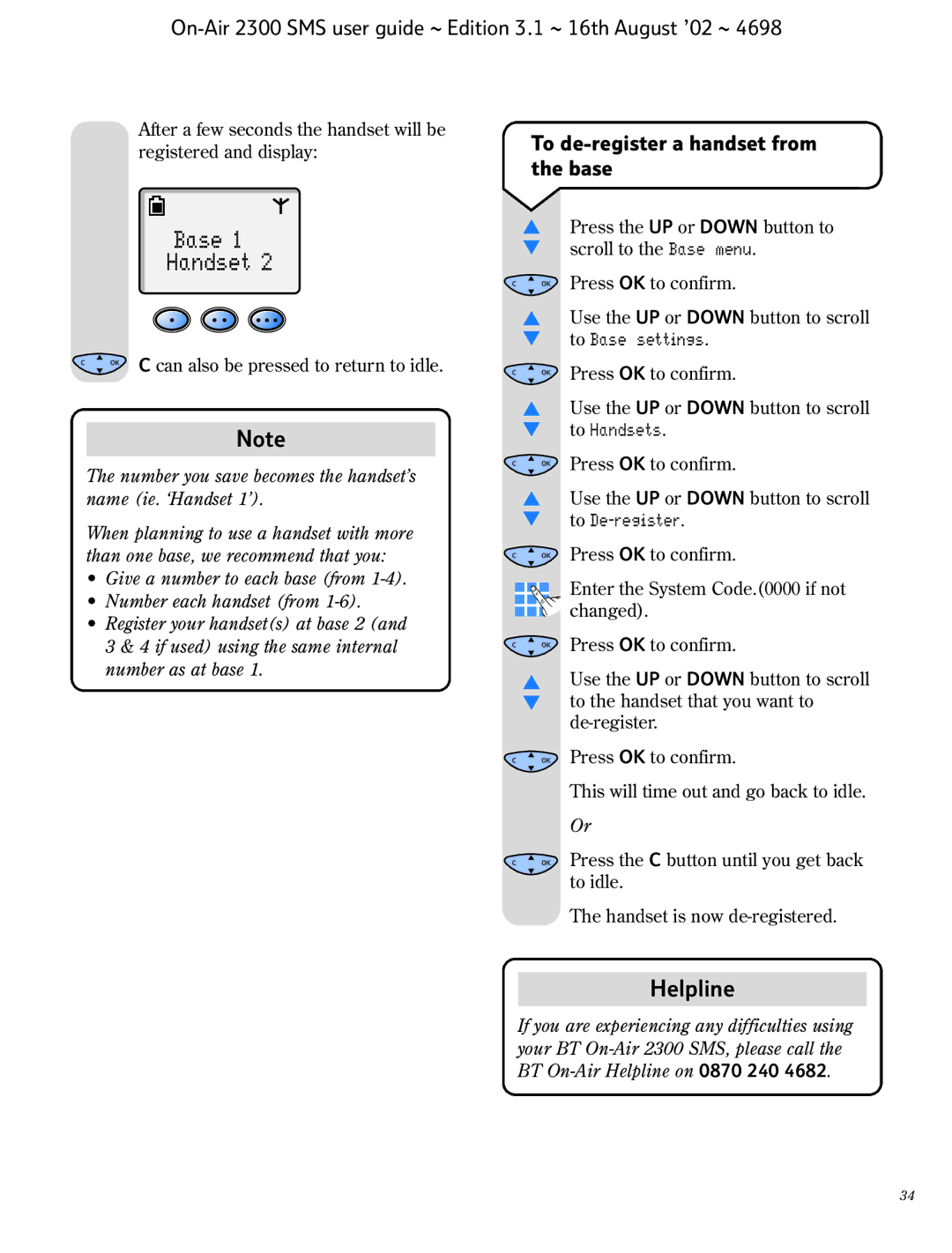 BT 2300 SMS manual Base Handset, To de-register a handset from the base 