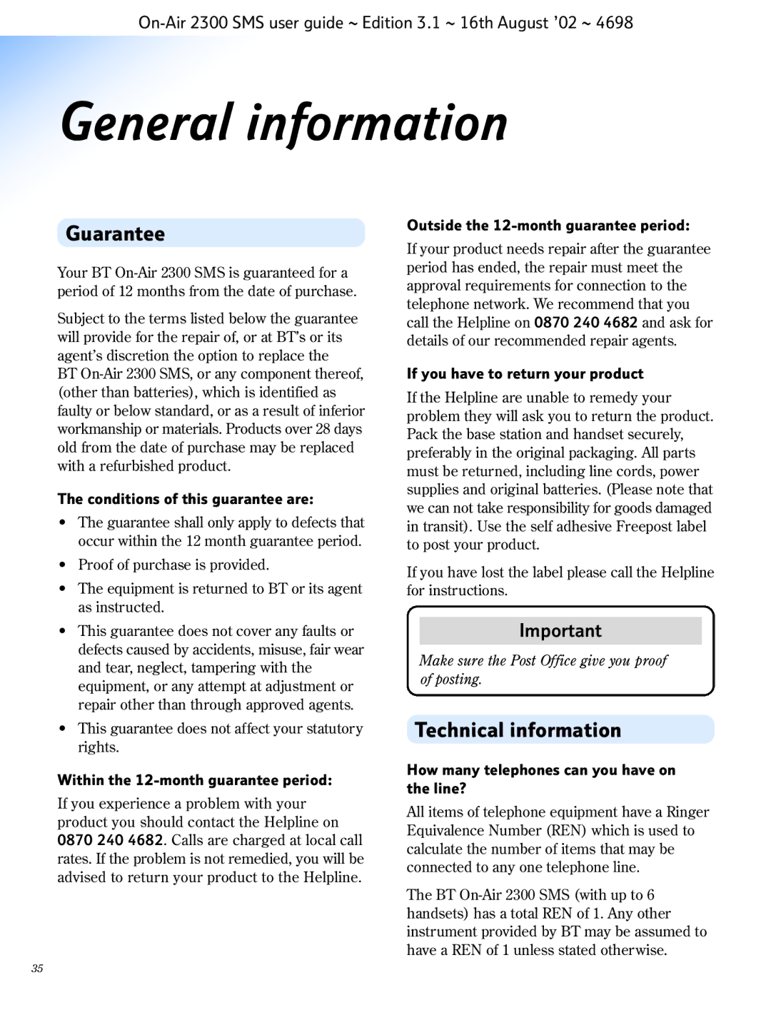 BT 2300 SMS manual General information, Guarantee, Technical information 