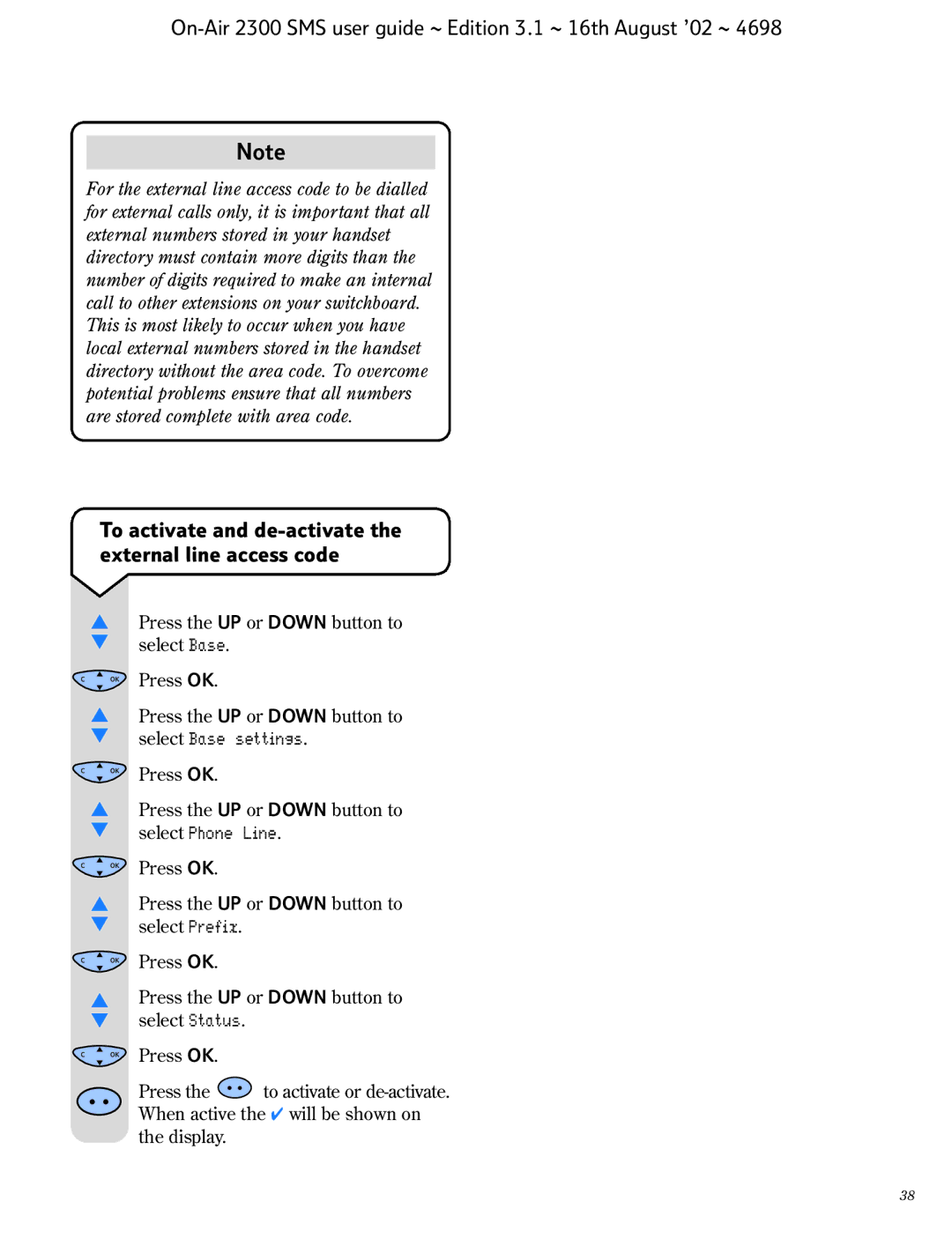 BT 2300 SMS manual To activate and de-activate the external line access code 