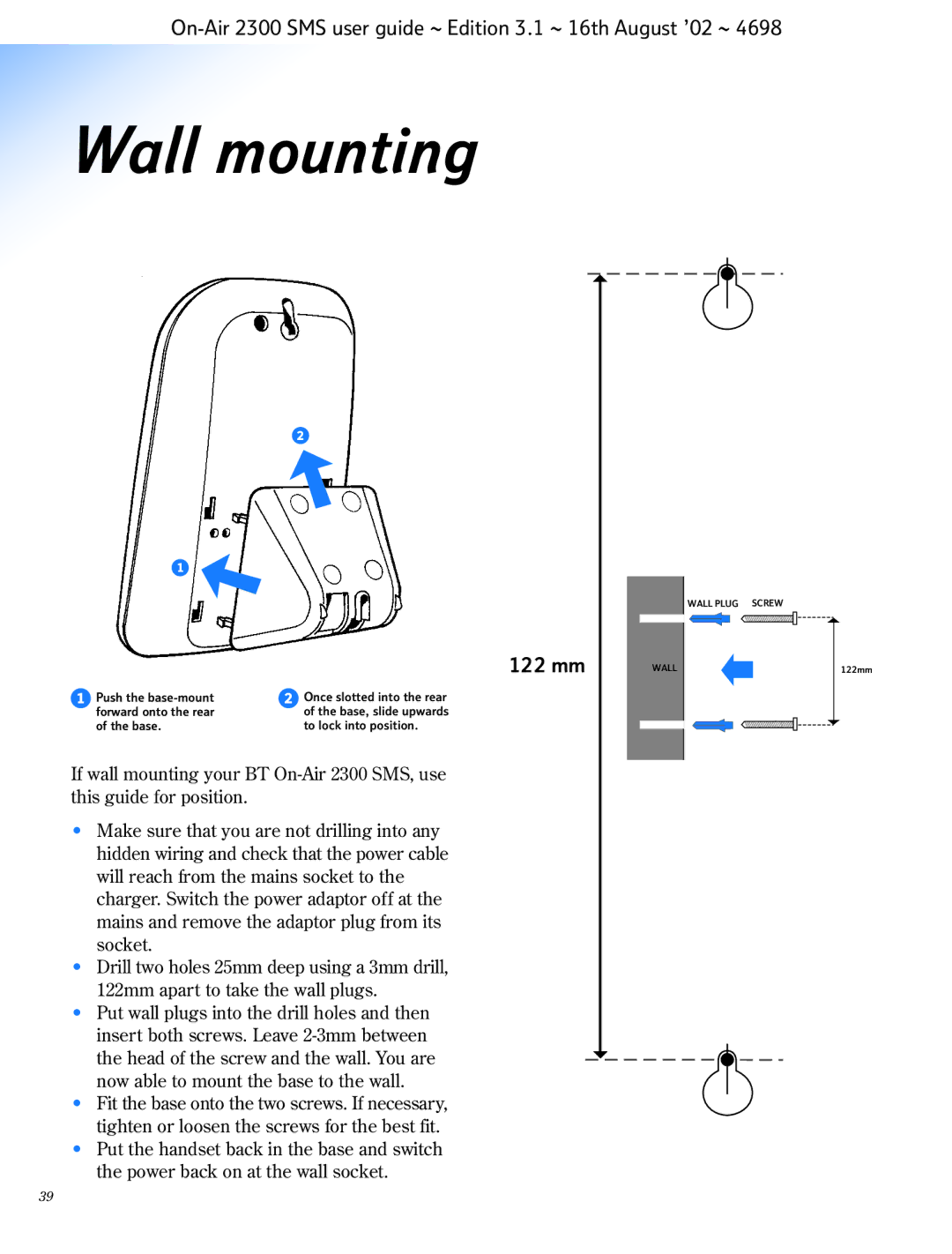 BT 2300 SMS manual Wall mounting, 122 mm 