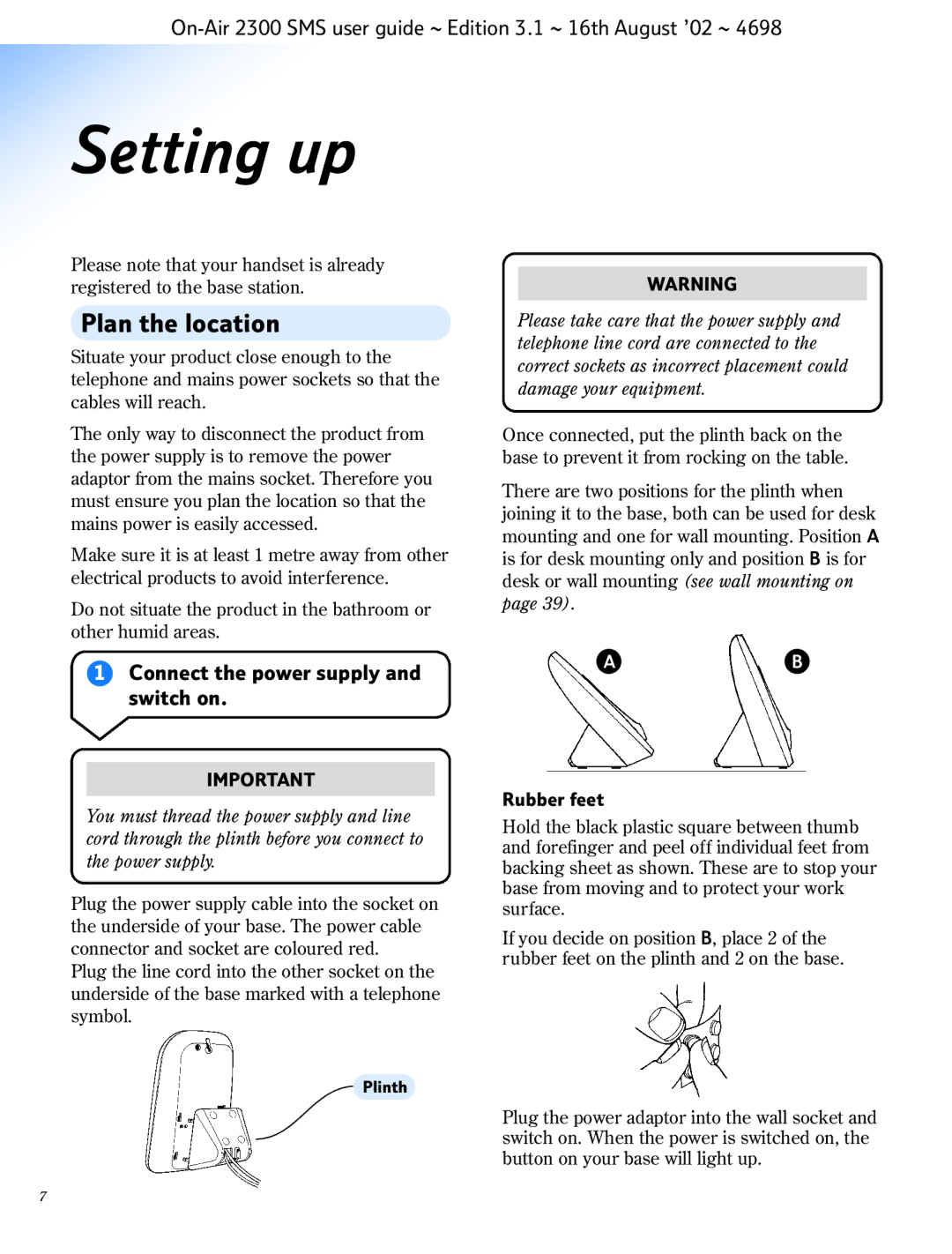 BT 2300 SMS manual Setting up, Plan the location, Connect the power supply and switch on, Rubber feet 