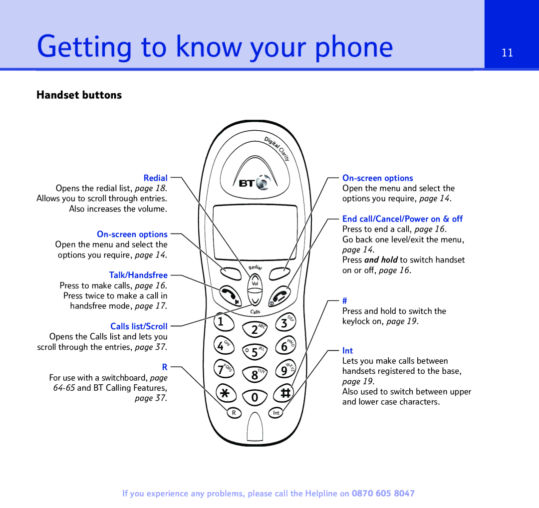 BT 2300 manual Getting to know your phone, Handset buttons 