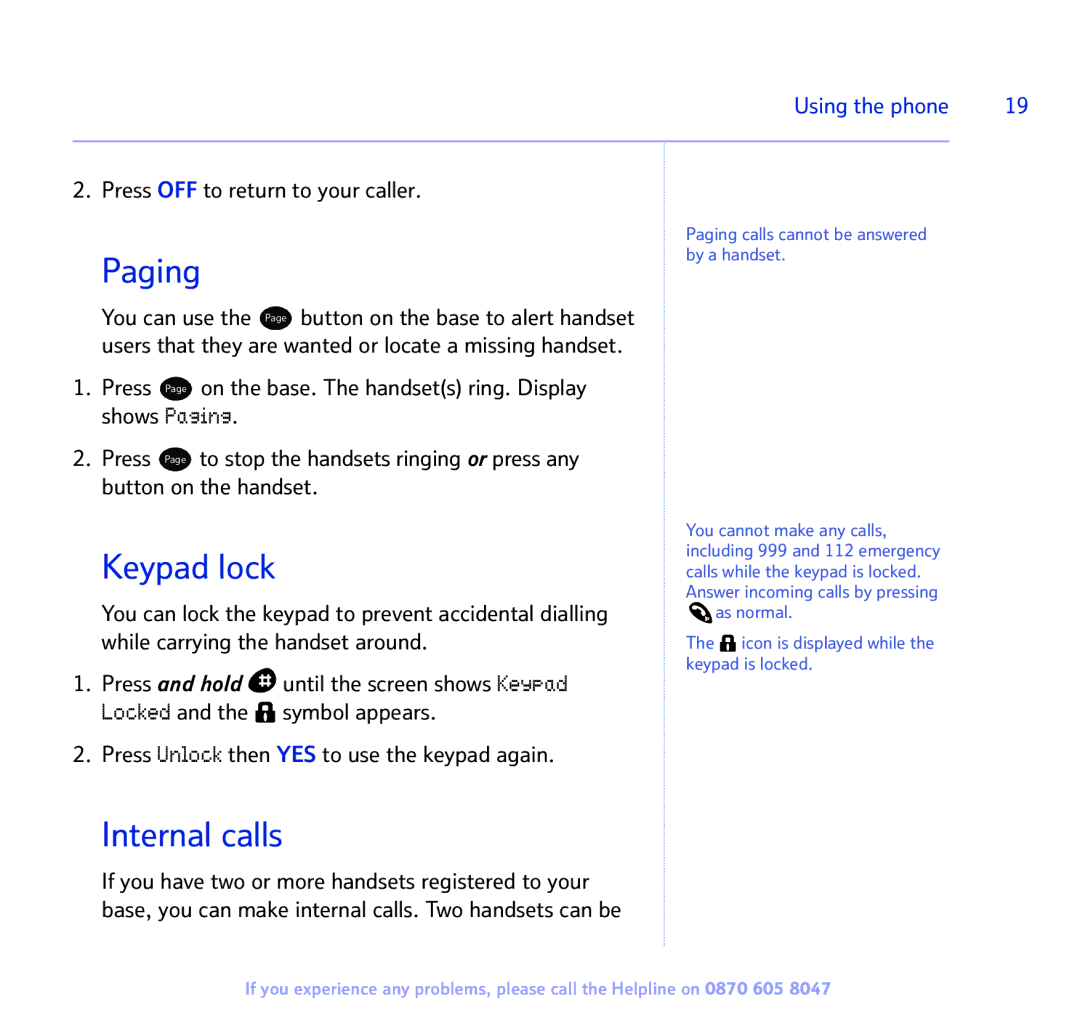 BT 2300 manual Paging, Keypad lock, Internal calls, Press OFF to return to your caller 