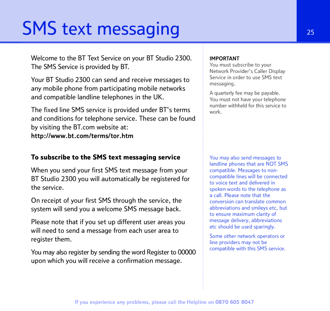 BT 2300 manual SMS text messaging 