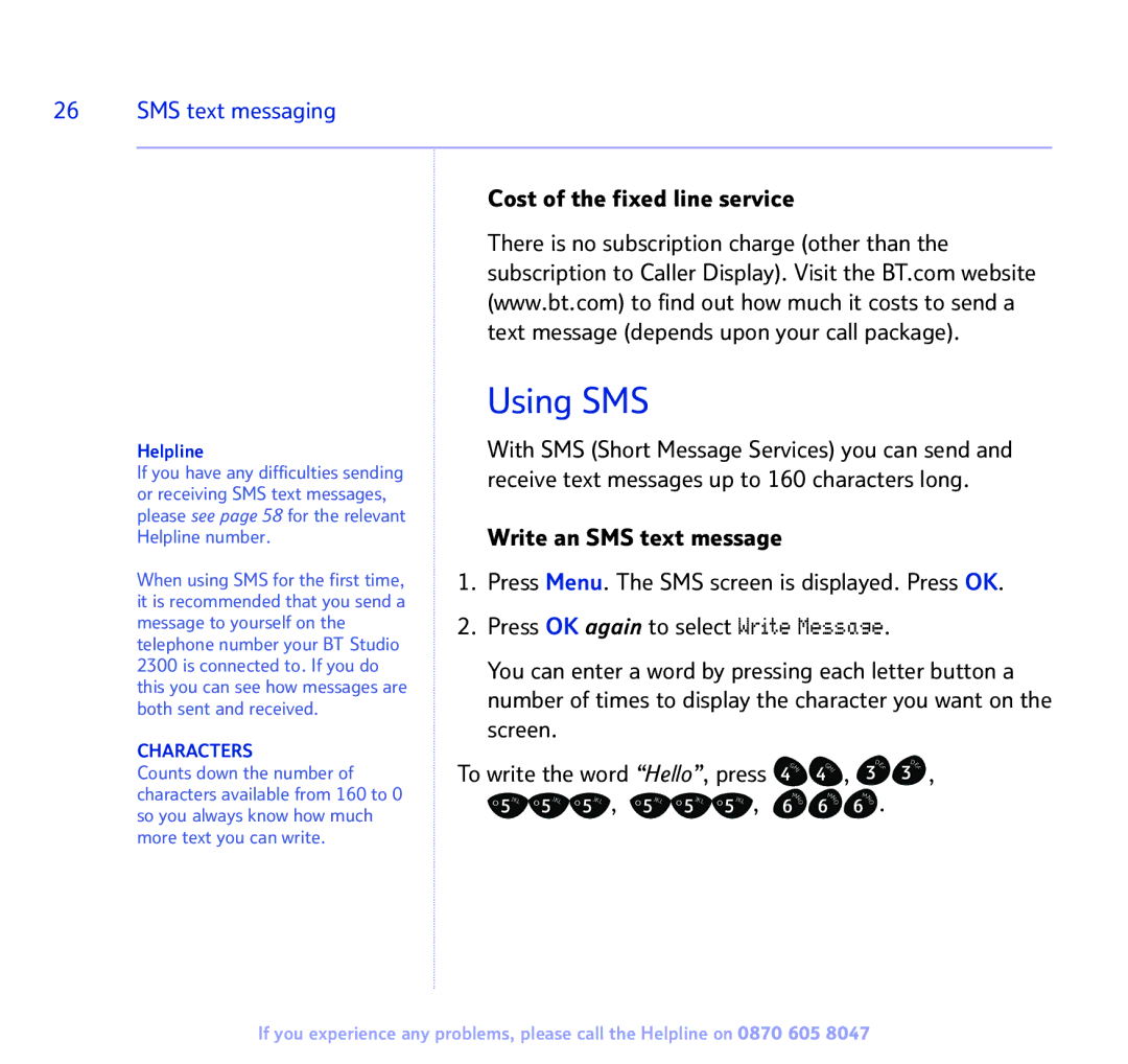 BT 2300 manual Using SMS, SMS text messaging, Cost of the fixed line service 