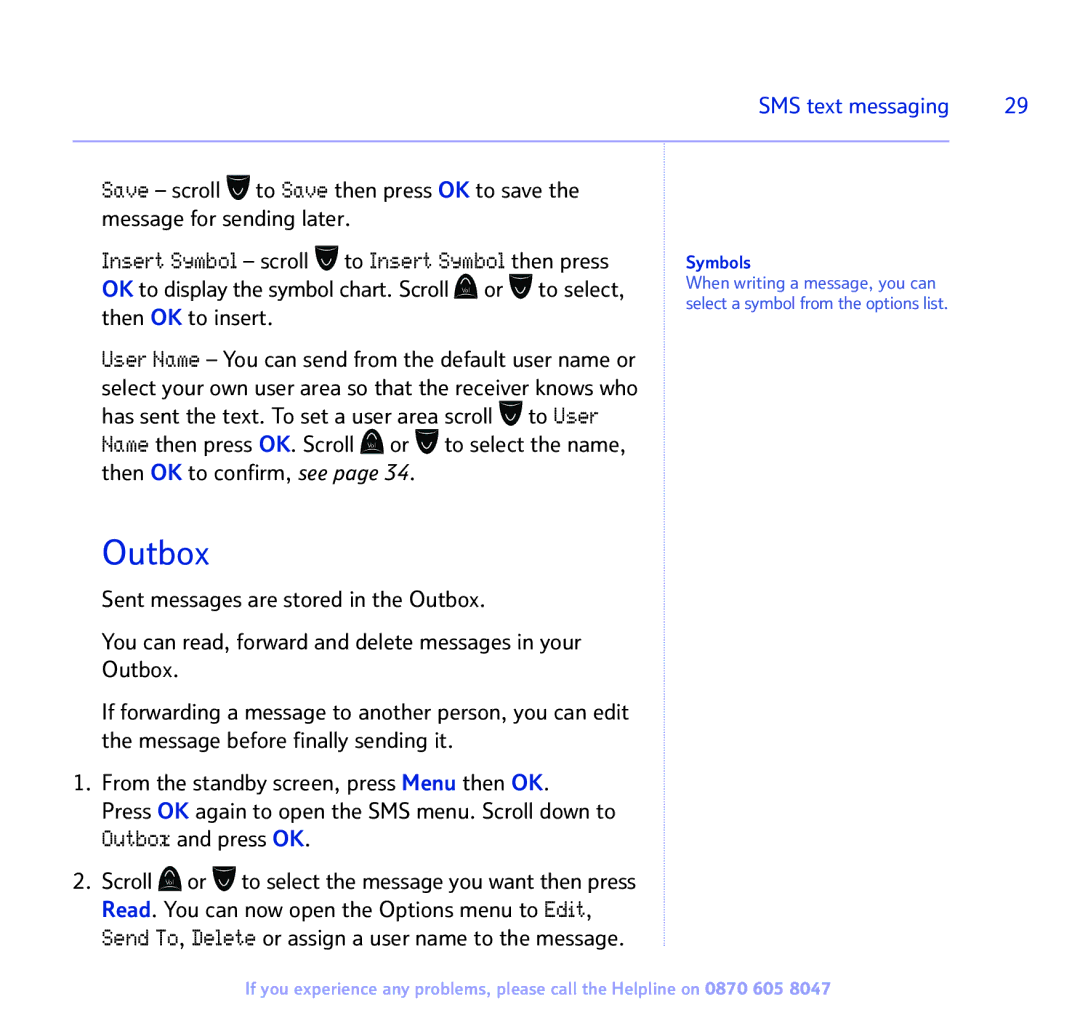 BT 2300 manual Outbox, Insert Symbol scroll to Insert Symbol then press 