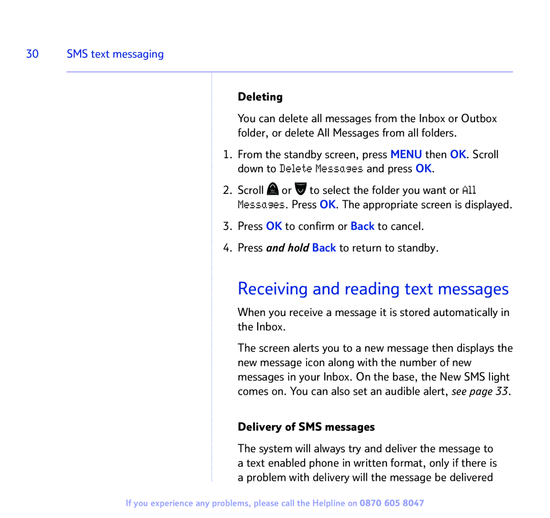 BT 2300 manual Receiving and reading text messages, Deleting, Delivery of SMS messages 