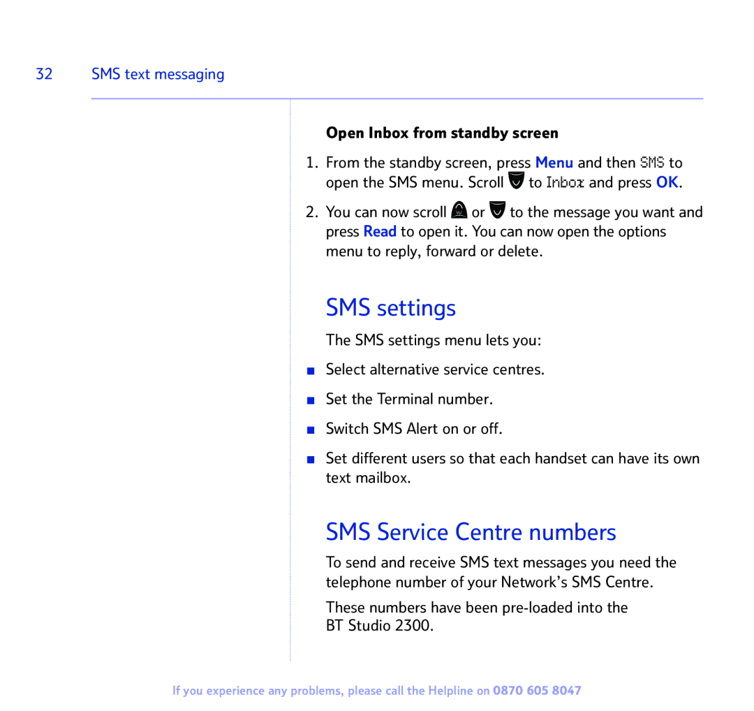 BT 2300 manual SMS settings, SMS Service Centre numbers, Open Inbox from standby screen 