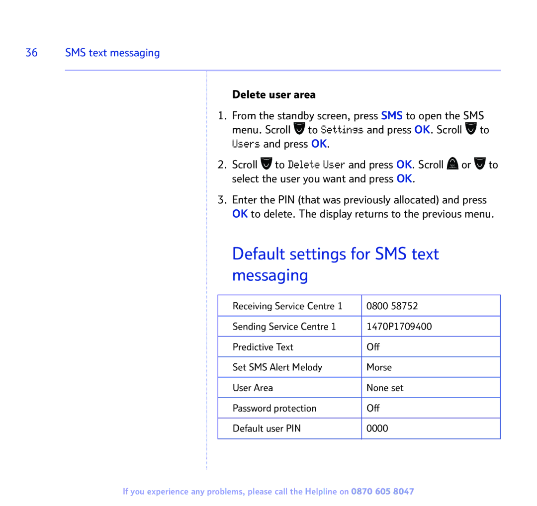 BT 2300 manual Default settings for SMS text messaging 