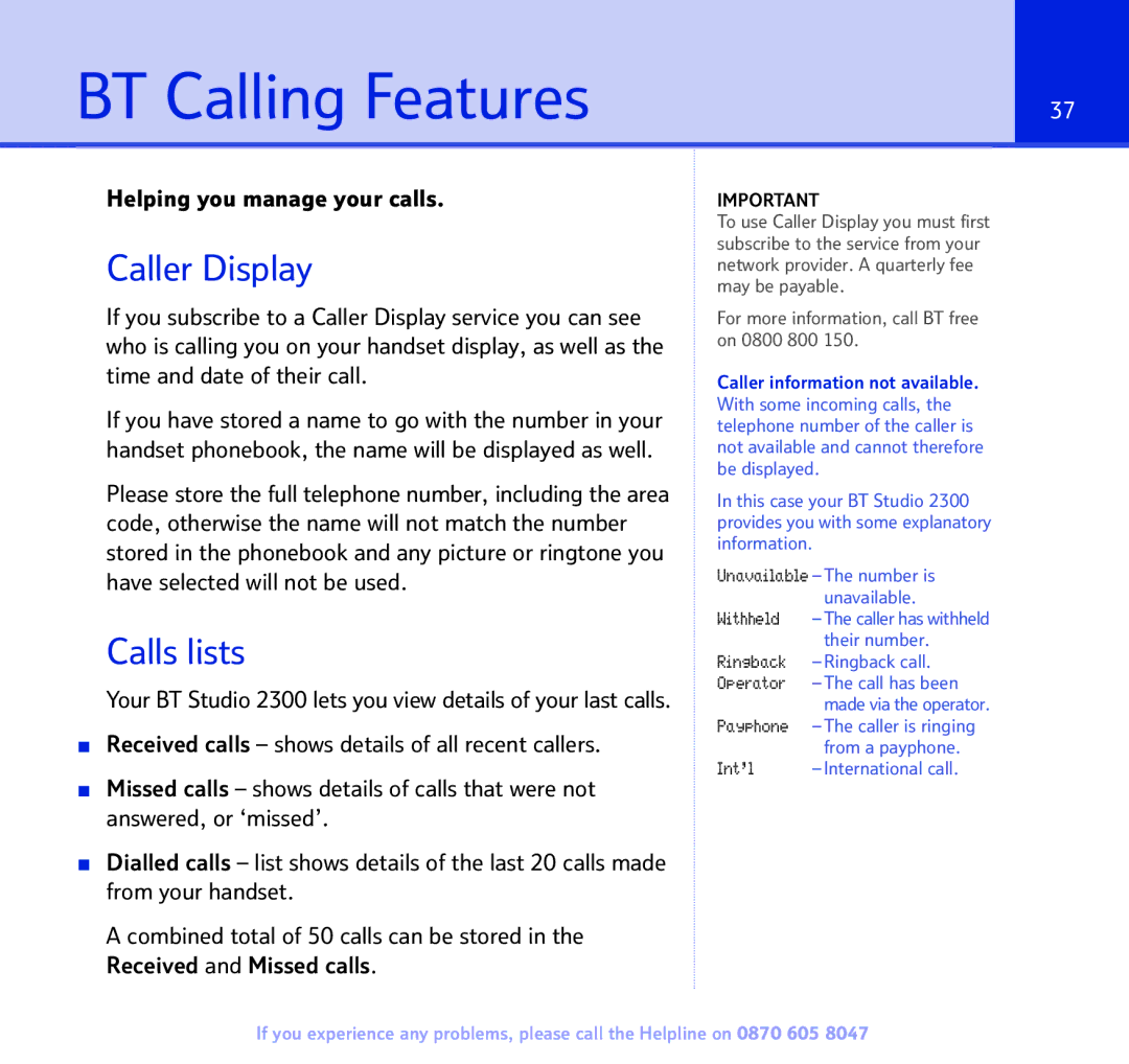 BT 2300 manual BT Calling Features, Caller Display, Calls lists, Helping you manage your calls 