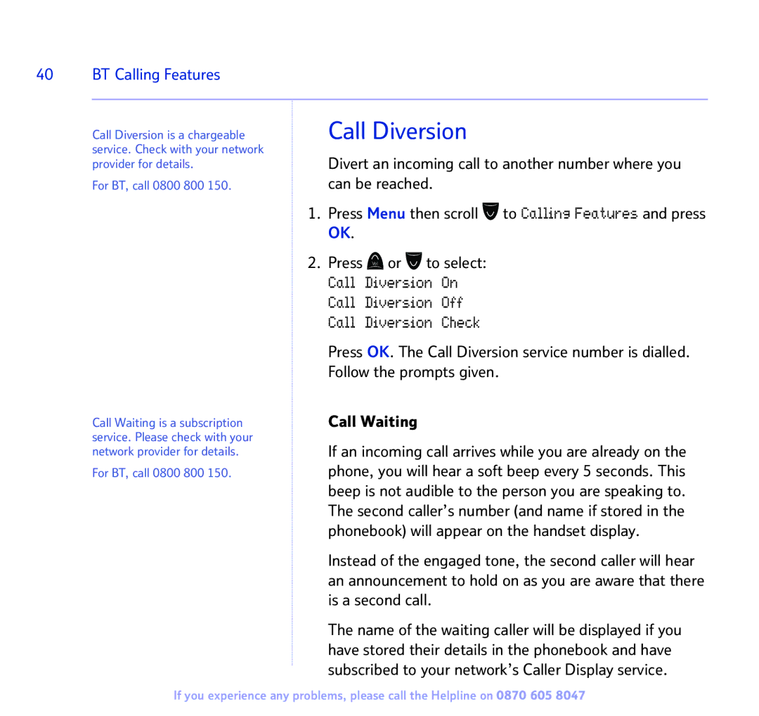 BT 2300 manual Call Diversion, For BT, call 0800 800 